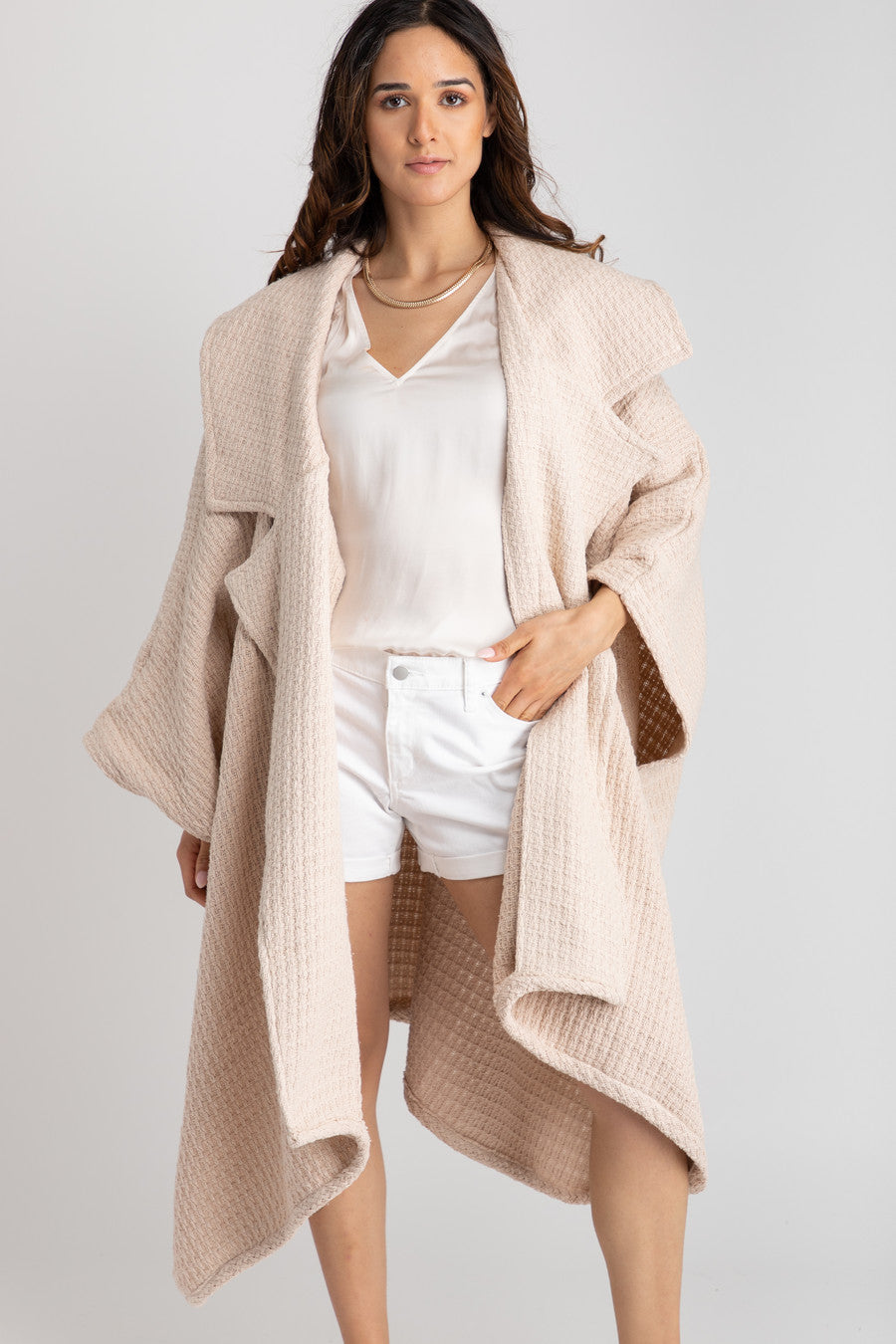 Comfy Oversized Waffle Knit Collared Jacket - Whisper Pink