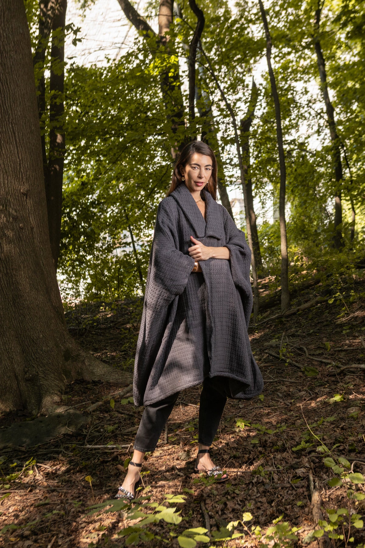 Comfy Oversized Waffle Knit Collared Jacket - Dark Gray