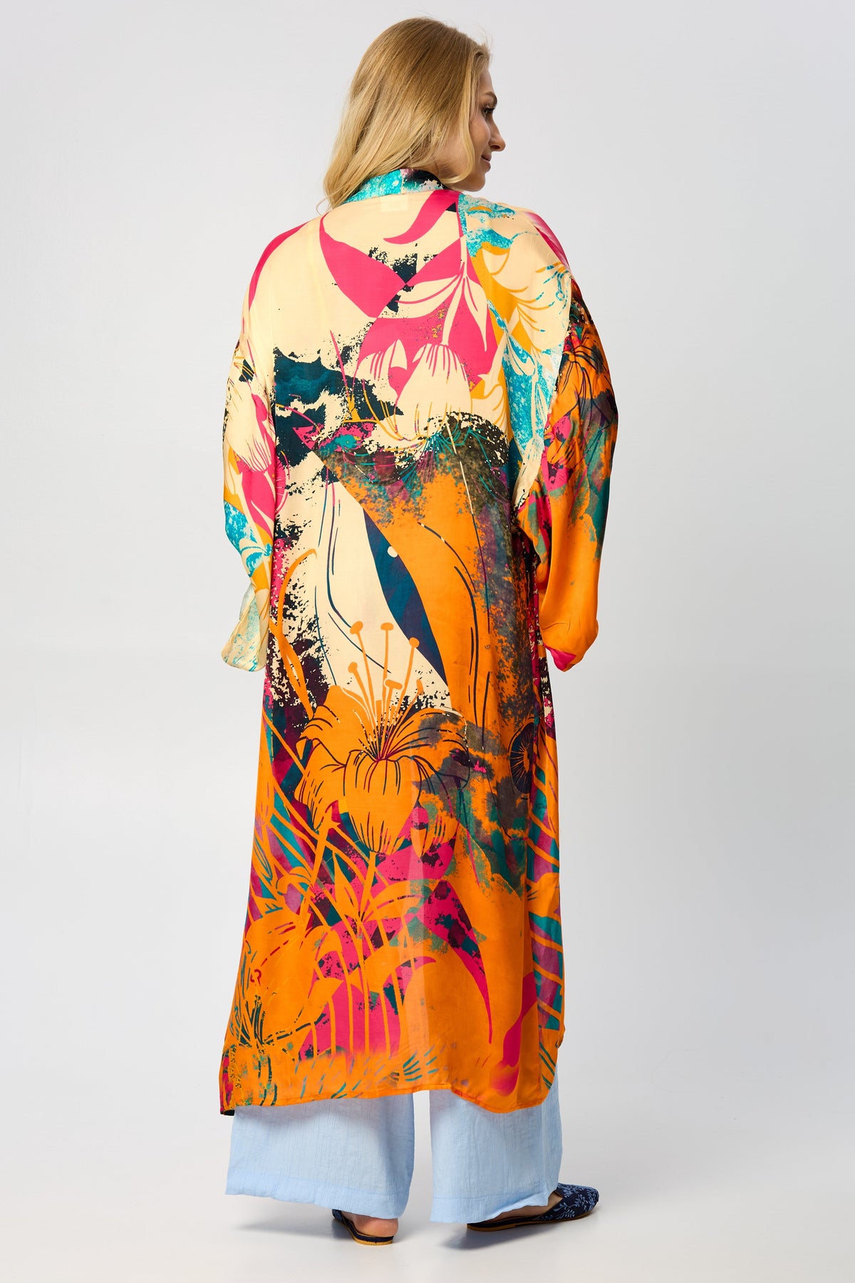 Vibrant Satin Kimono Abstract Dark Orange