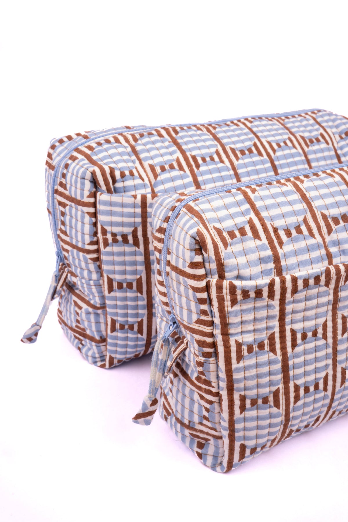 Inner Child brown blue striped circle blockprint travel pouches close-up