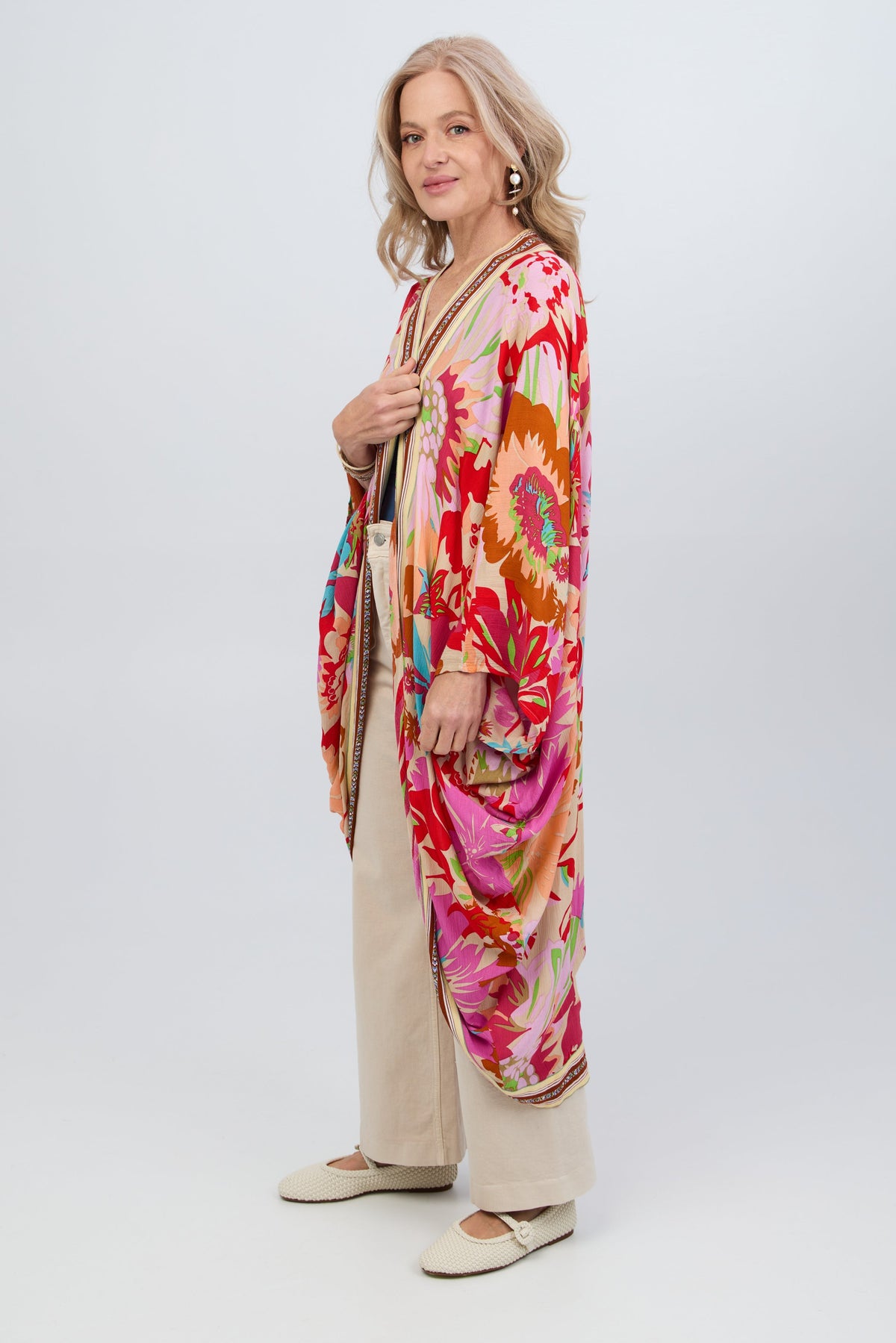 Wing Sleeve Floral Kimono - Pink Multi