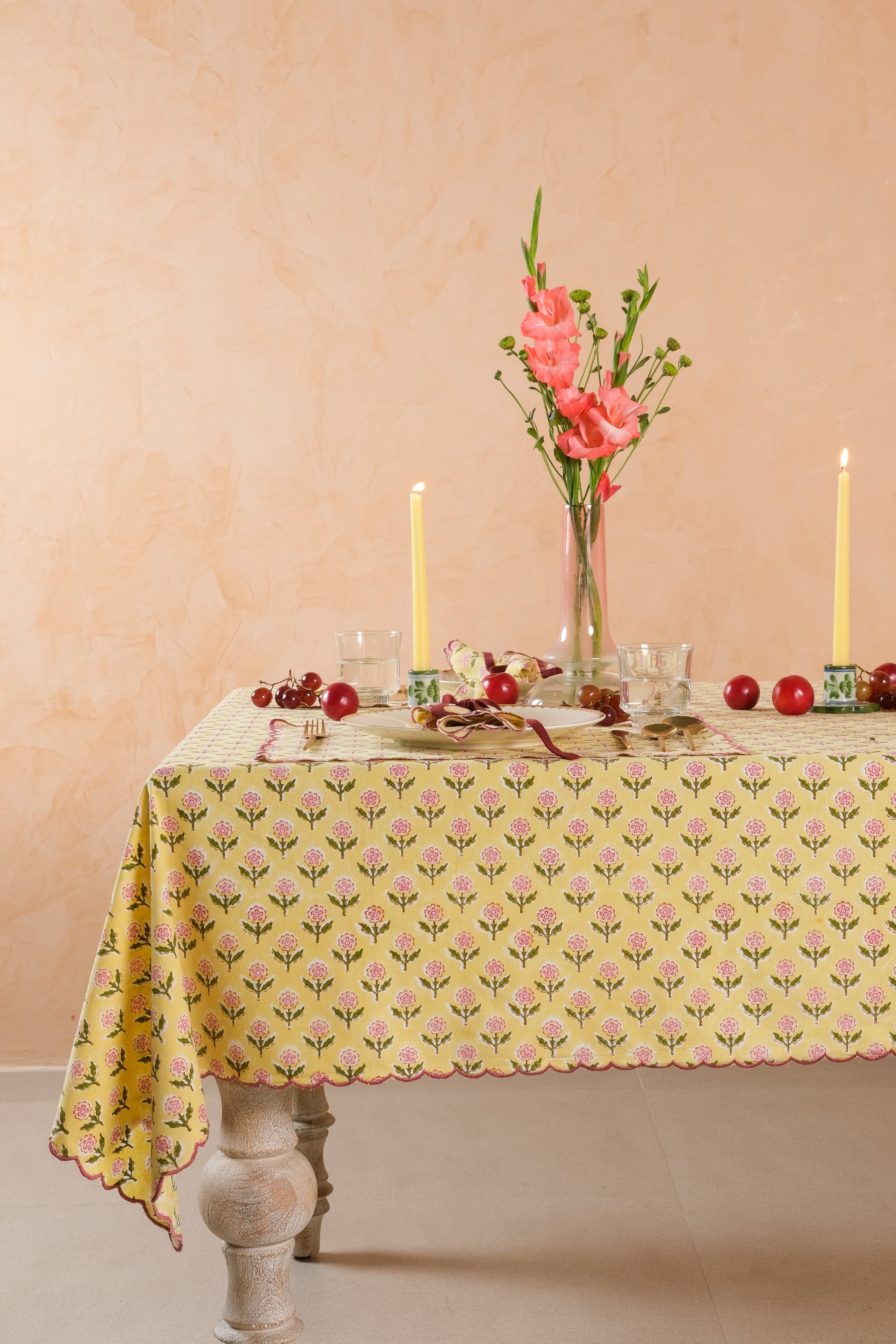 Mona scallop embroidered blockprint butter yellow tablecloth on dining table