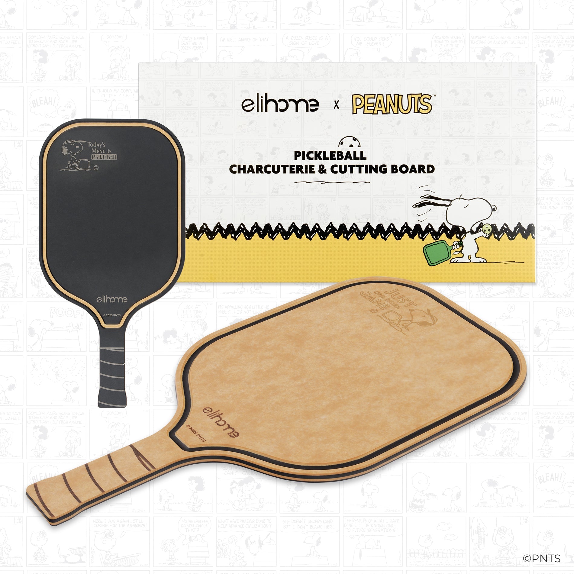 Two pickleball paddles with 'elihome' branding and Snoopy illustration on a white background.