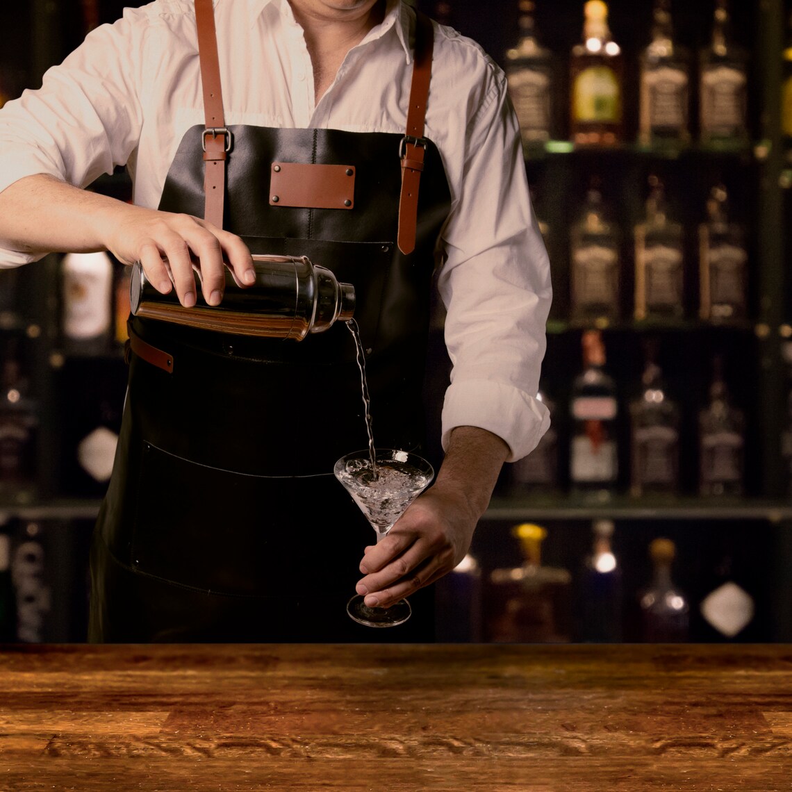 Black Leather Apron with straps for bar tending