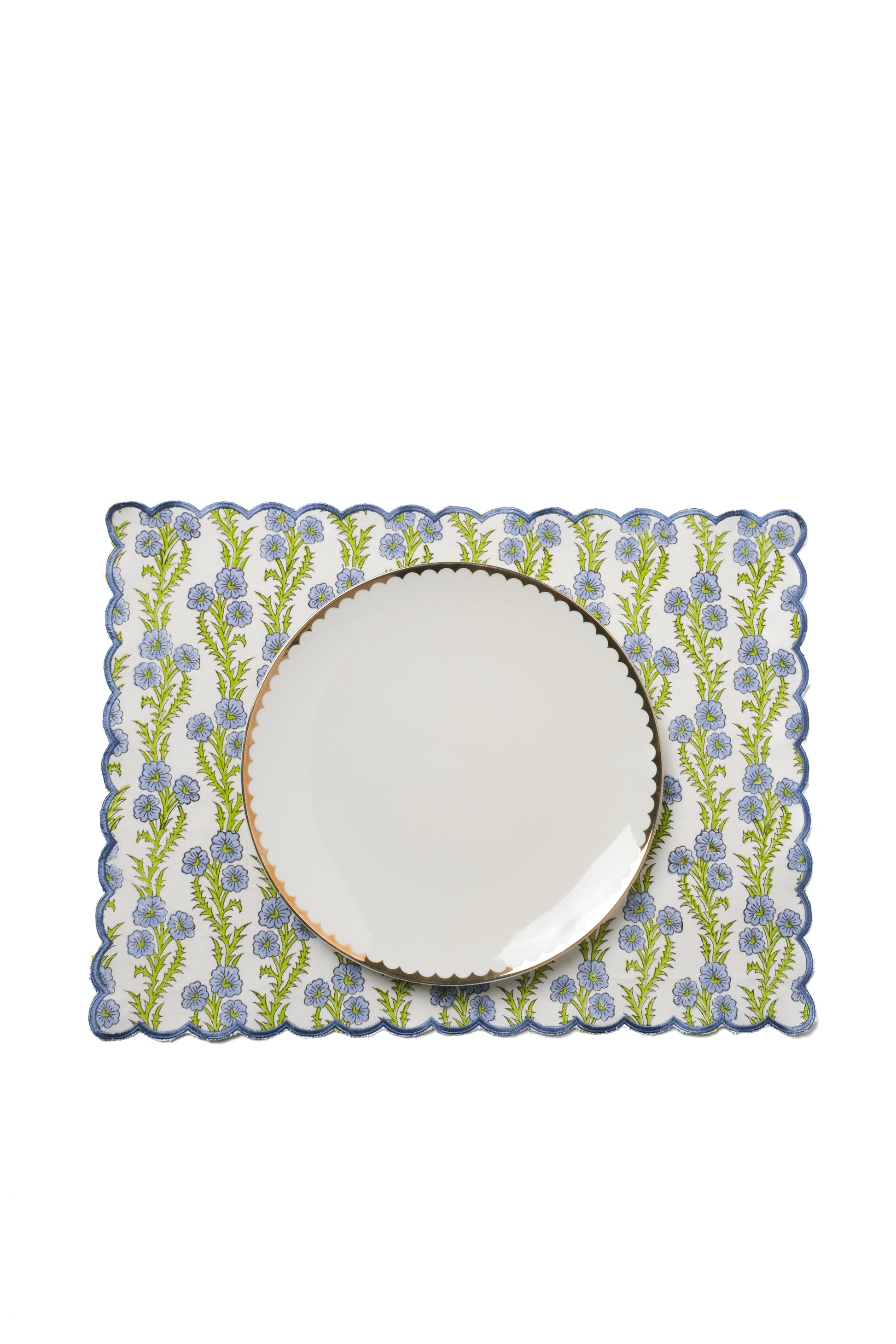 Forget-Me-Not scallop embroidered blockprint placemat with blue floral design