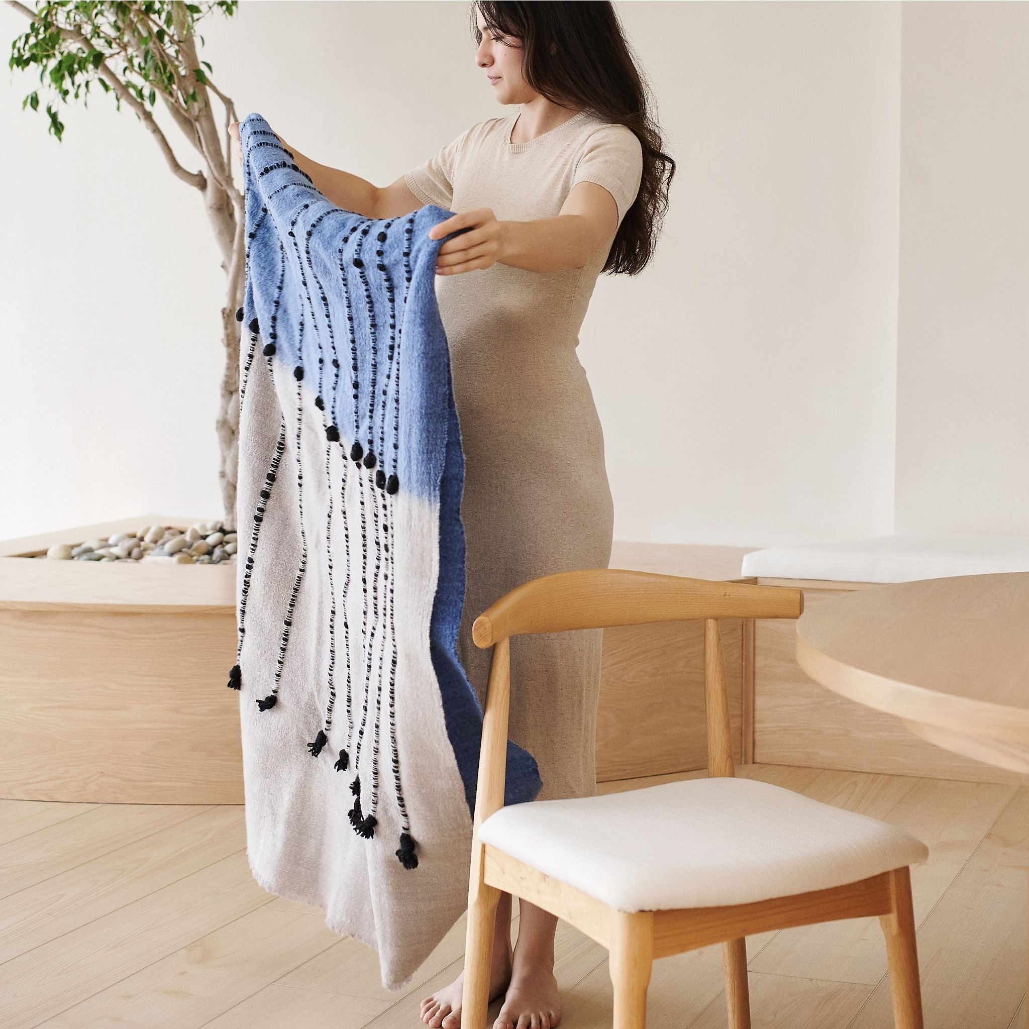 Mari Blue Gray Calming Hues Hand Woven Hand Knotted Textured Merino Throw
