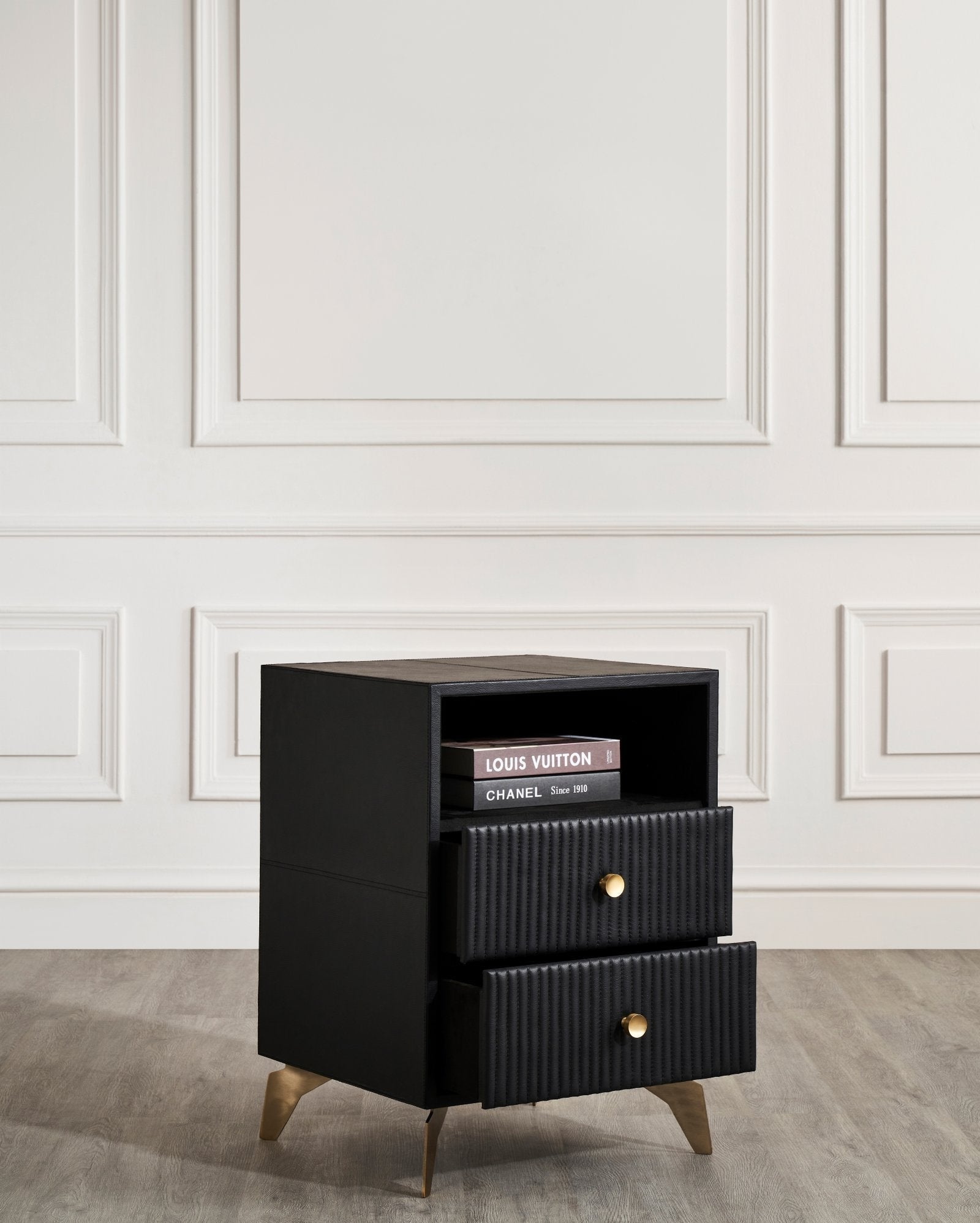 FN-5202-201828_5|Practical black genuine leather nightstand with open fluted drawers, showcasing storage and luxurious modern bedroom furniture.