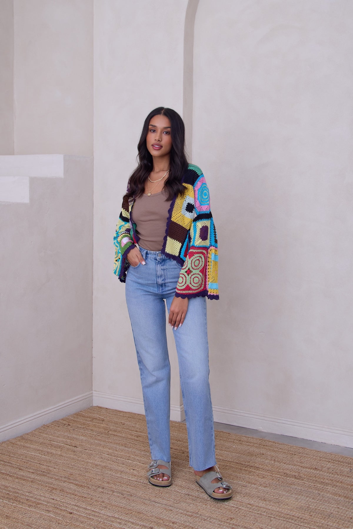Multicolored Crochet Cardigan Cotton Jacket - Dark Multi