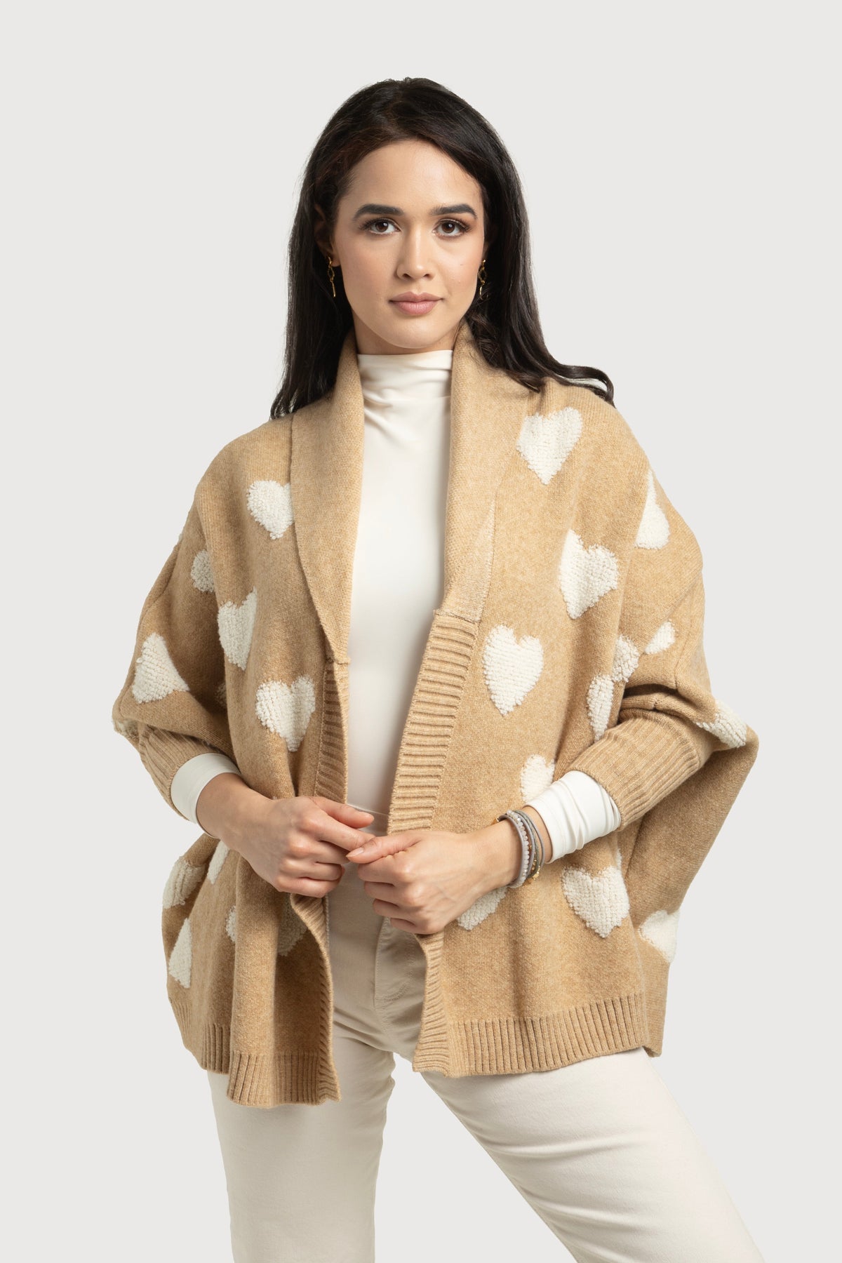 Heart Cardigan Ribbed Knit - Beige
