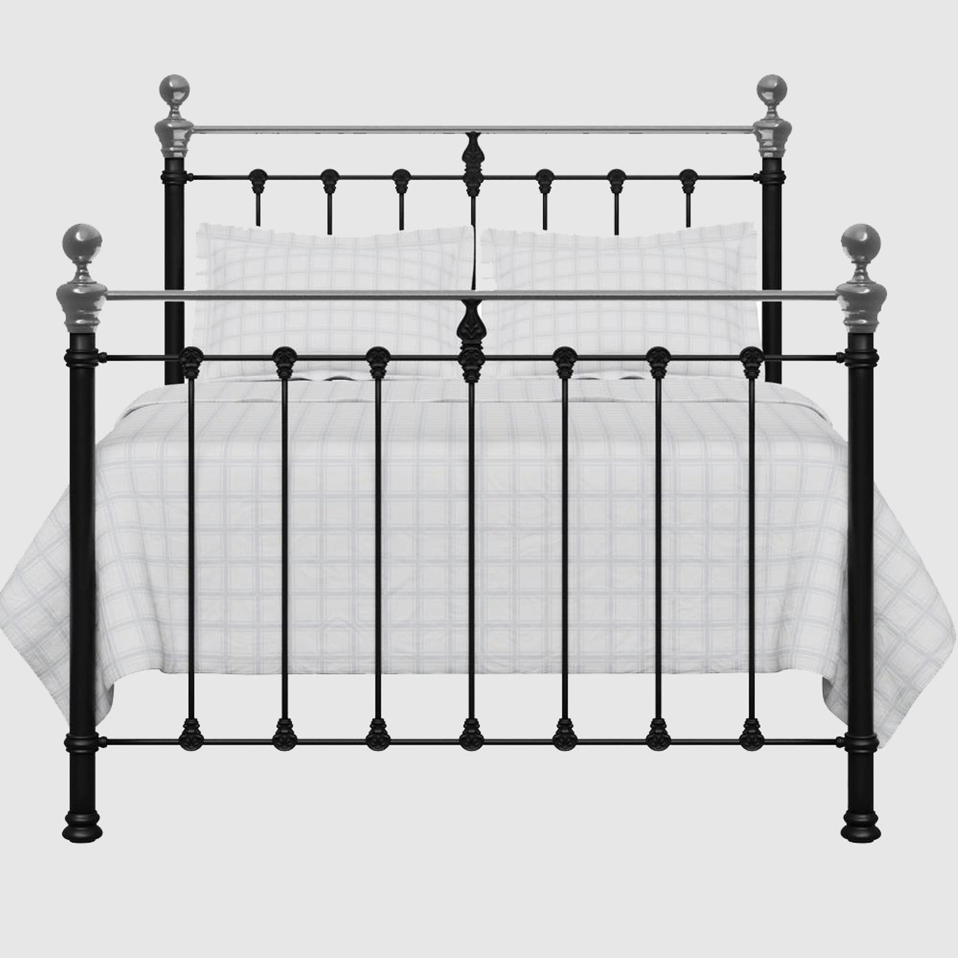 MB-211-6080_2|Black metal bed frame featuring sleek silver accents and modern checkered bedding, perfect for a contemporary bedroom.