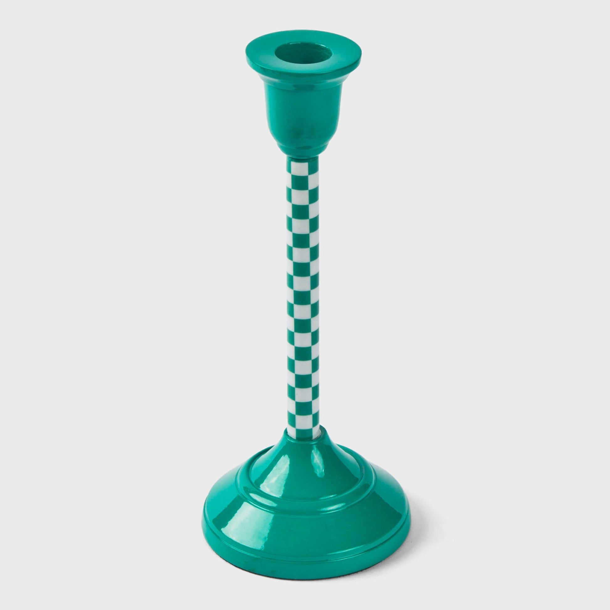 Handcrafted mint green metal candlestick with a sturdy round base and decorative checkered stem.