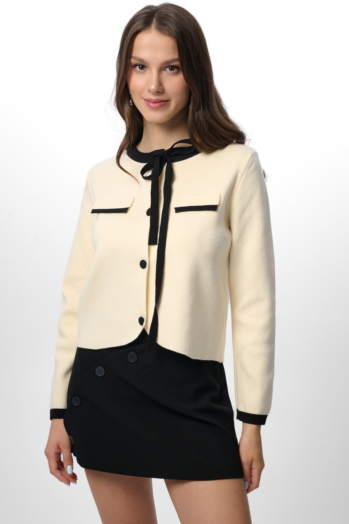 Chic Tie Neck Button Cardigan - White Combo