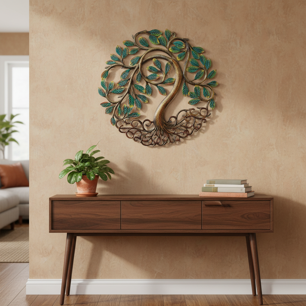 Painted Shining Tree Haitian metal art hanging in a living room