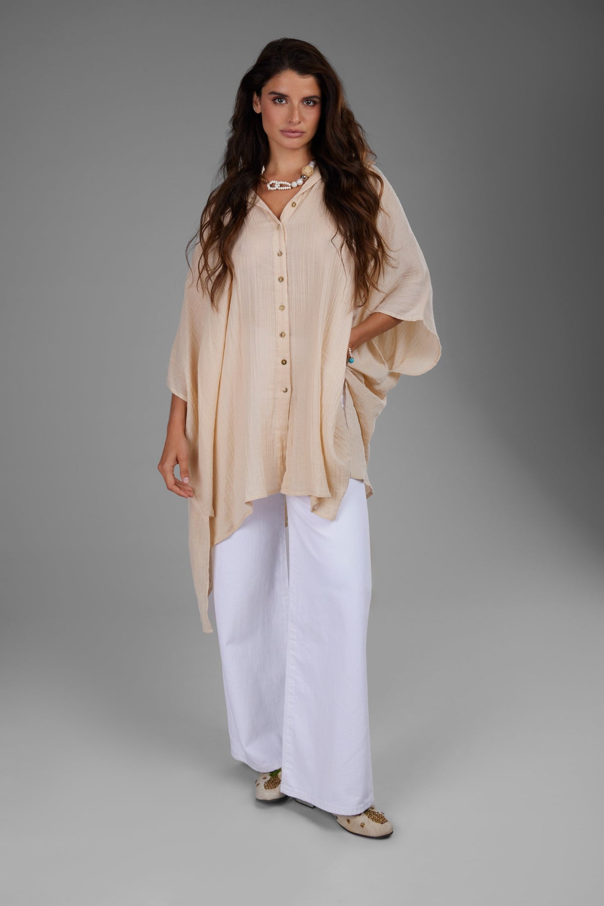 Oversized Textured Cotton Shirt - Beige