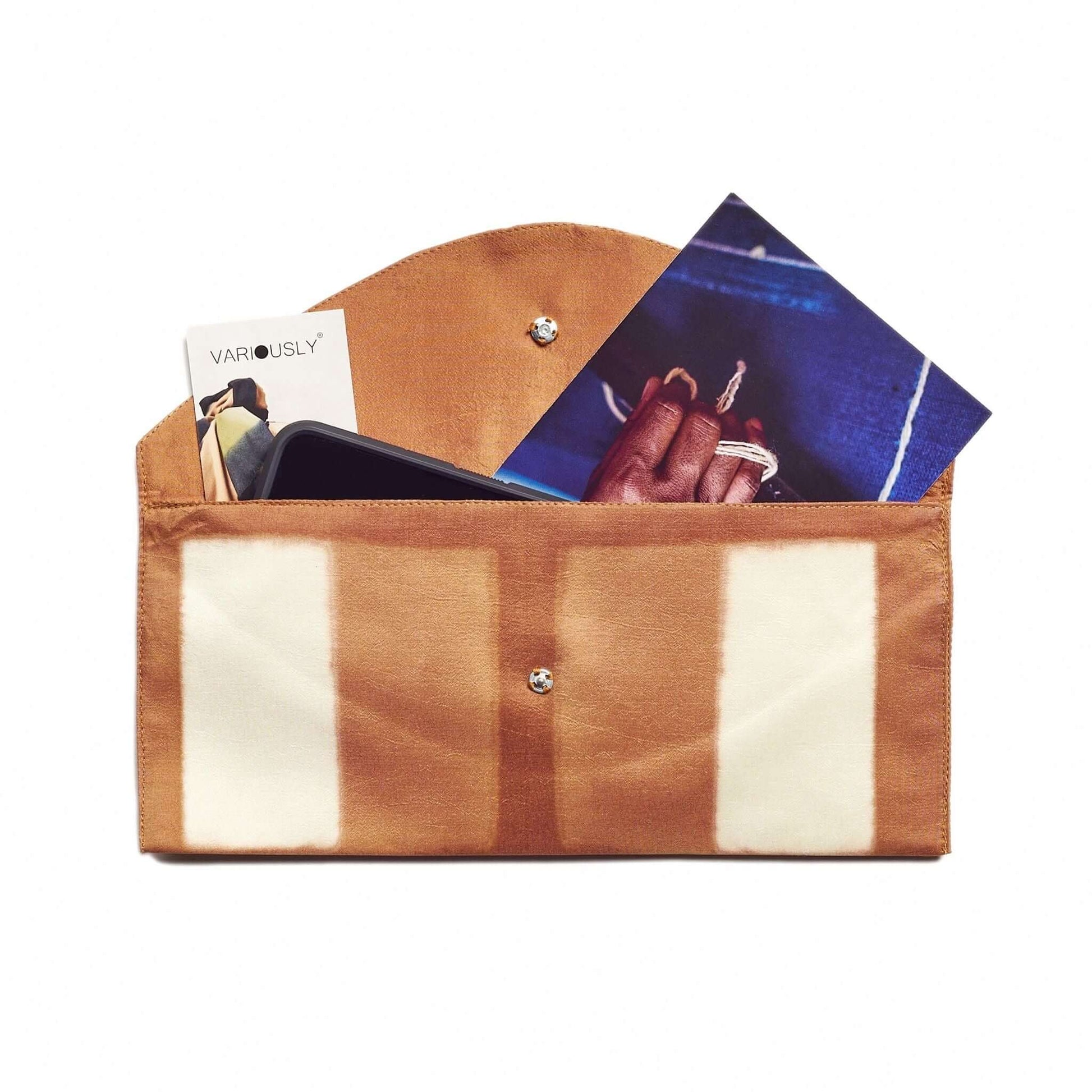Melo Gold Mulberry Silk Shibori Hand Crafted Envelope Pouch with cards and photos inside.