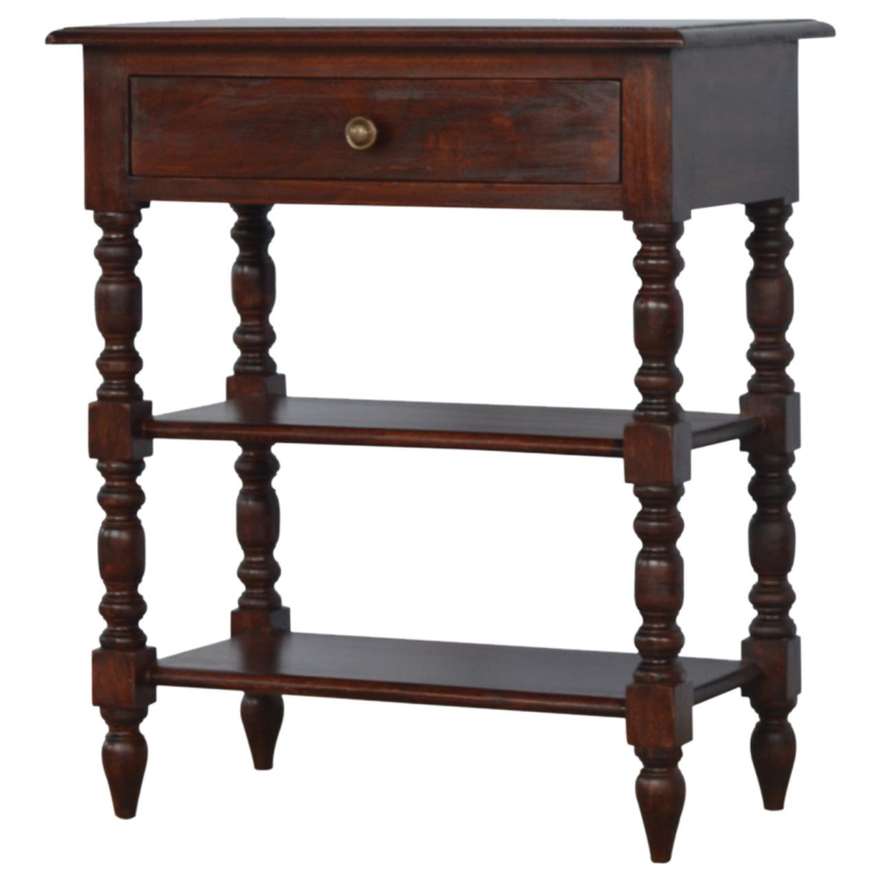 Solid Wood Turned Occasional Table, 1-Drawer, Brown
