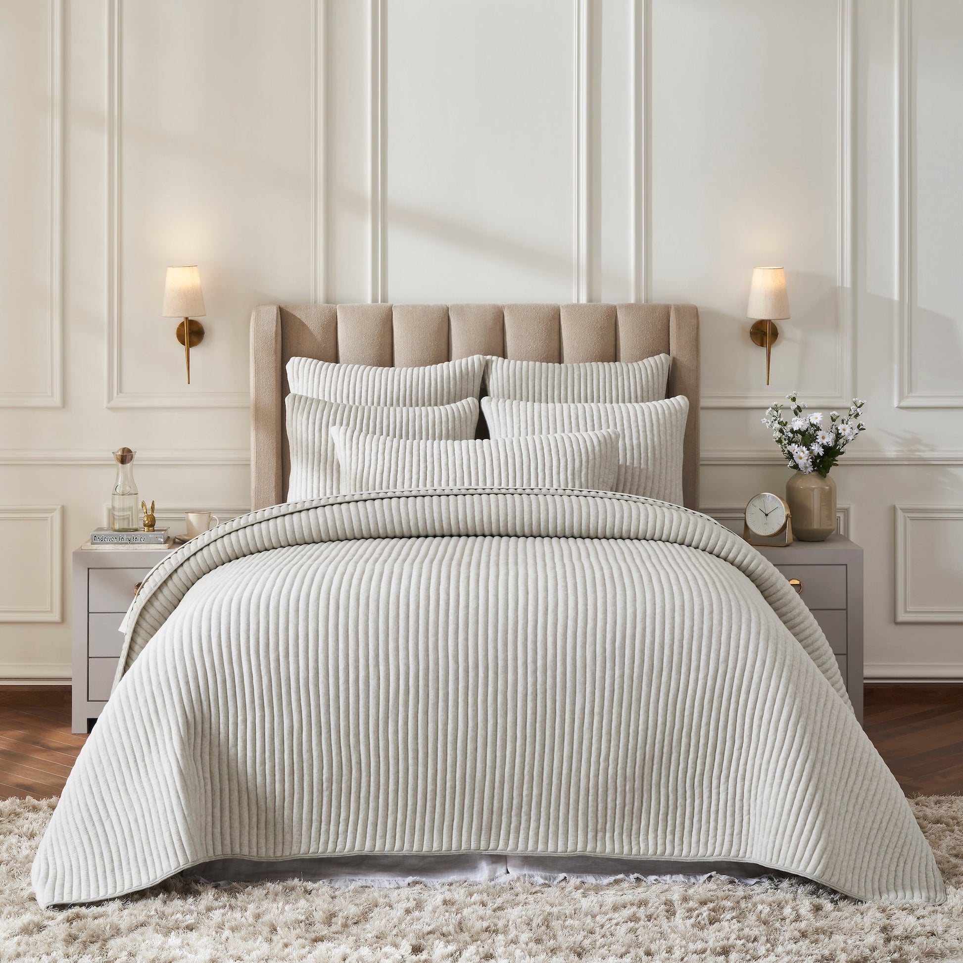 QT-375-11096_1|Stylish light beige ribbed velvet quilt, featuring continuous channel quilting, adding modern elegance to a neutral bedroom.