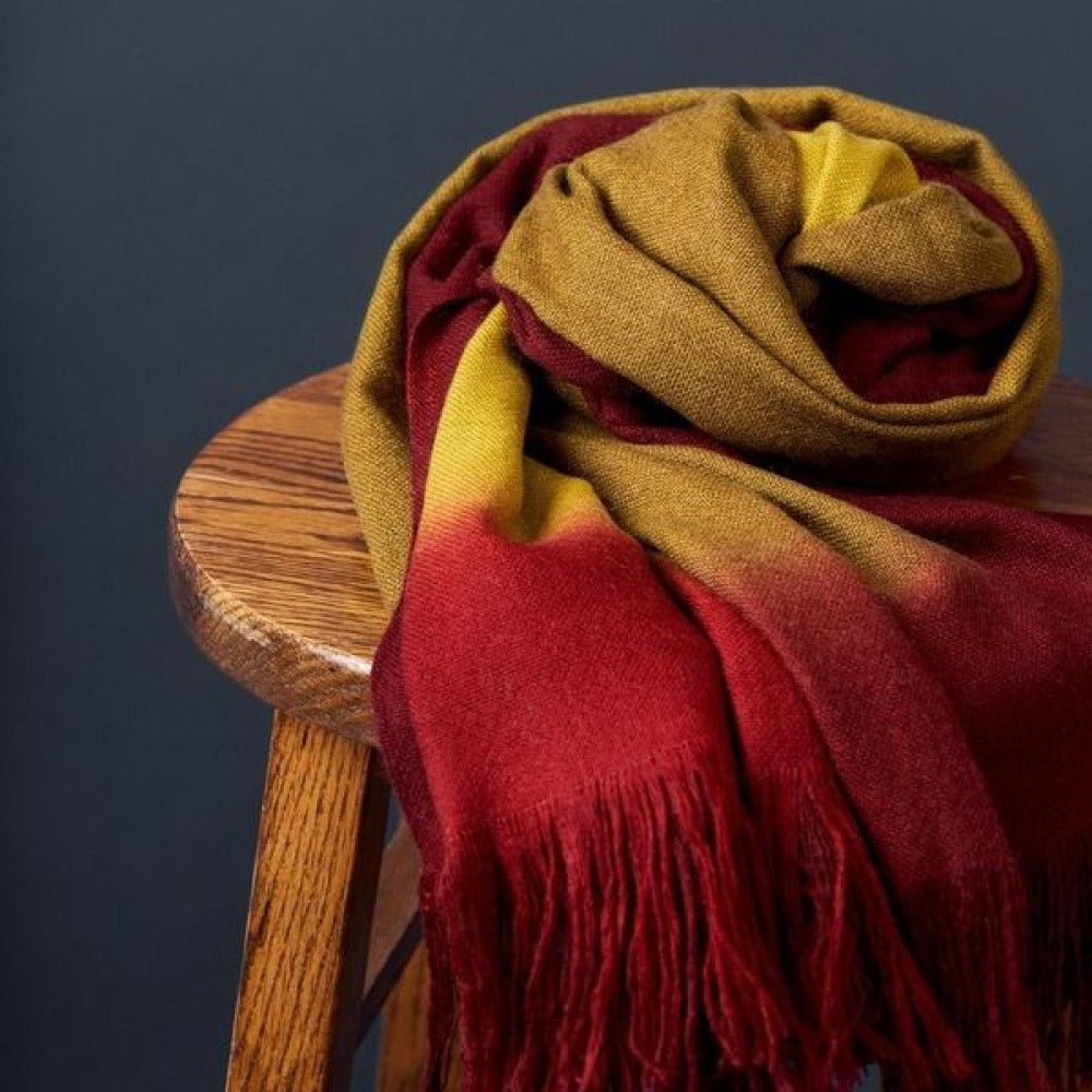 Marigold Merino Ombre Handloom Throw / Blanket Scarf showcasing a warm color gradient and hand-rolled fringes.