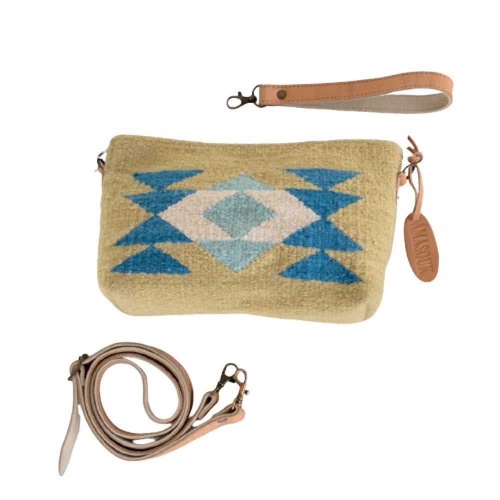 Handwoven convertible clutch with Zapotec butterfly design in bright spring colors; can be used as a pouch, wristlet, or crossbody with included leather straps and internal pocket