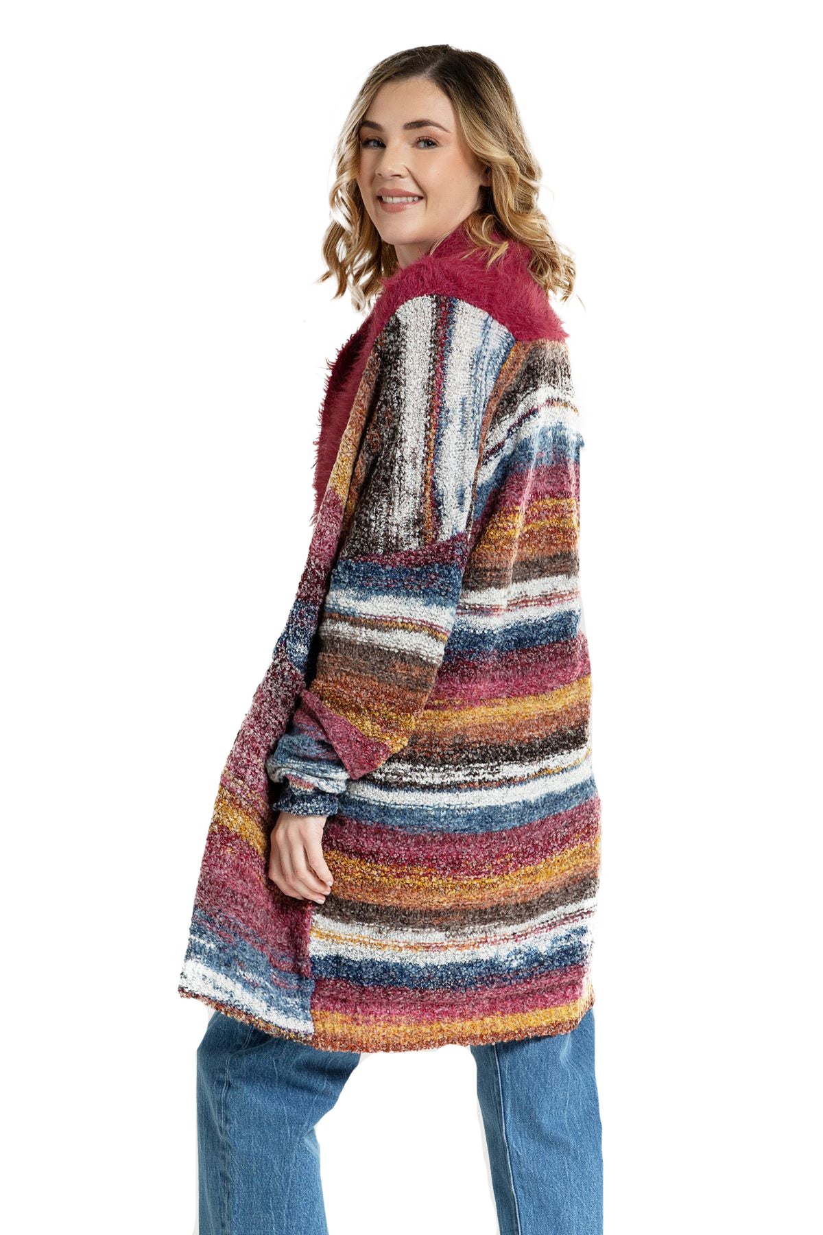 Fur Collared Long Cardigan Sweater - Indian Red
