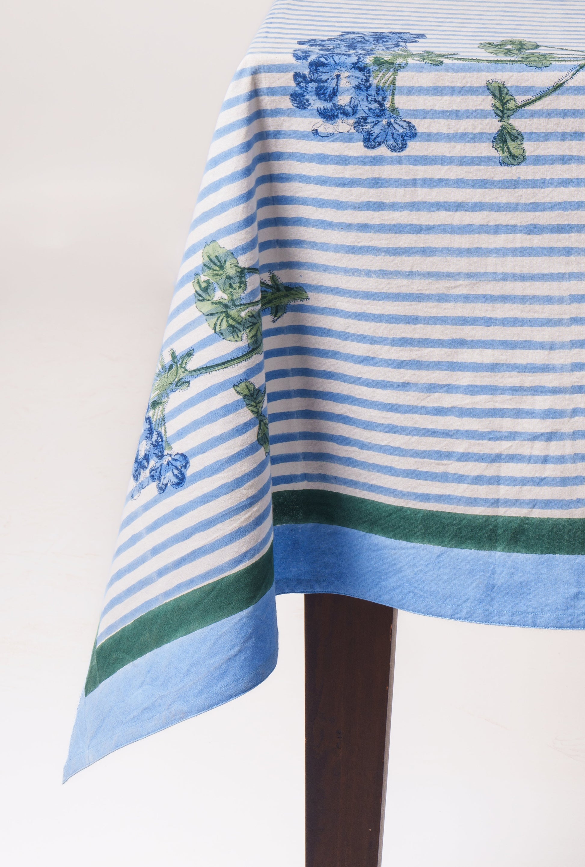 Inner Child blue hydrangea blockprint striped tablecloth edge detail
