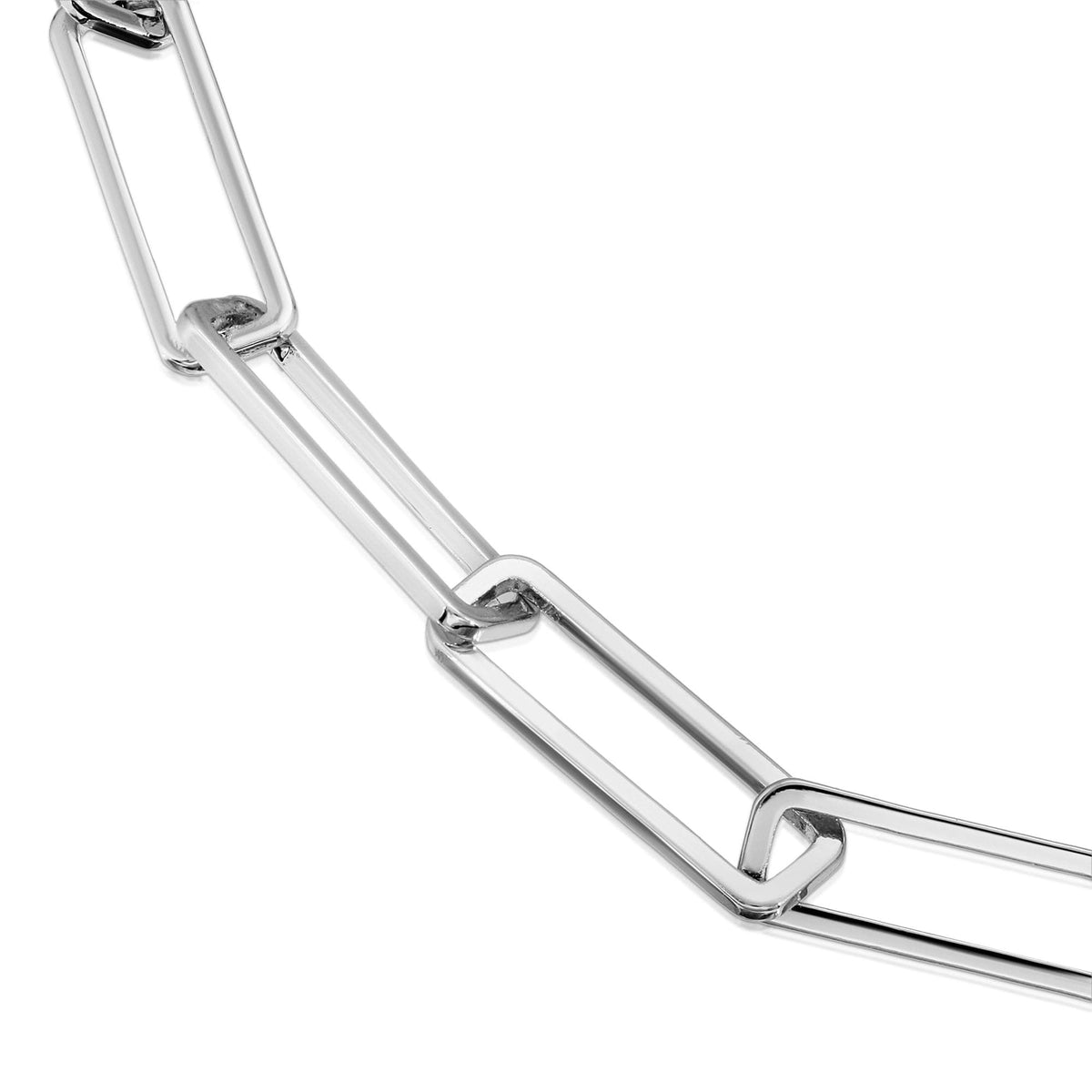 Silver paperclip chain bracelet with large rectangle links on display