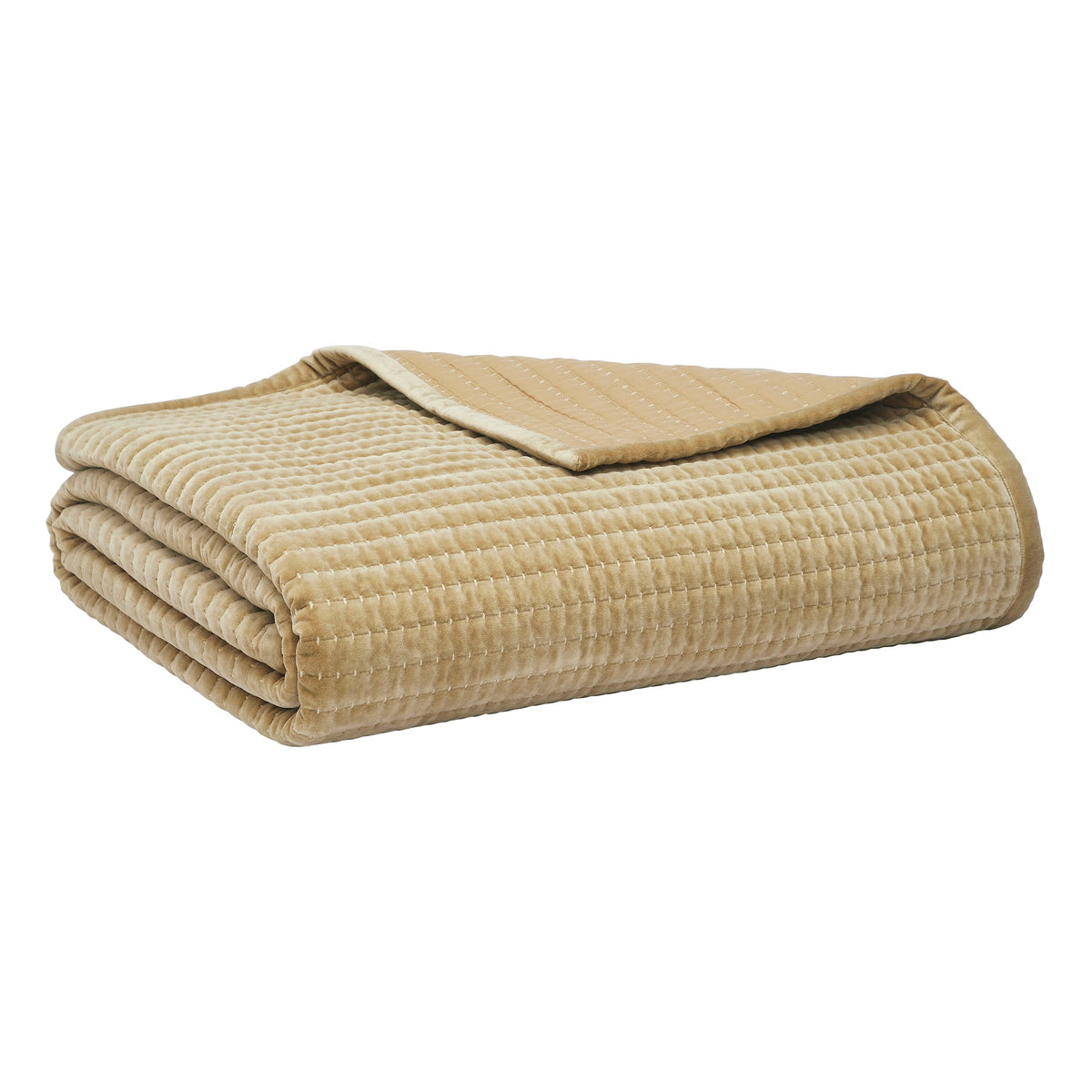 CL-267-9496_7|Folded beige velvet coverlet featuring soft channel quilting, ideal for adding a touch of luxury and comfort to any bed.