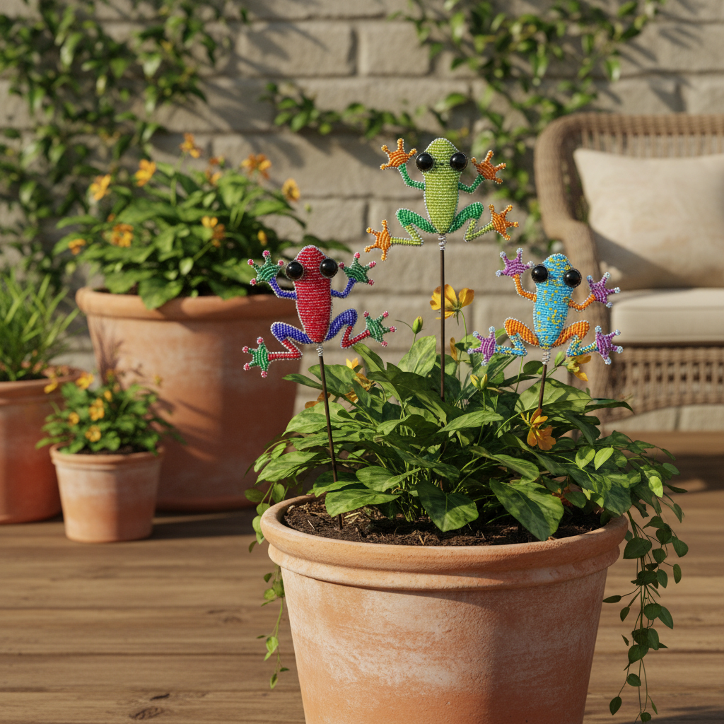 Handmade beaded frog garden stake set in a large terracotta pot on a sunny patio