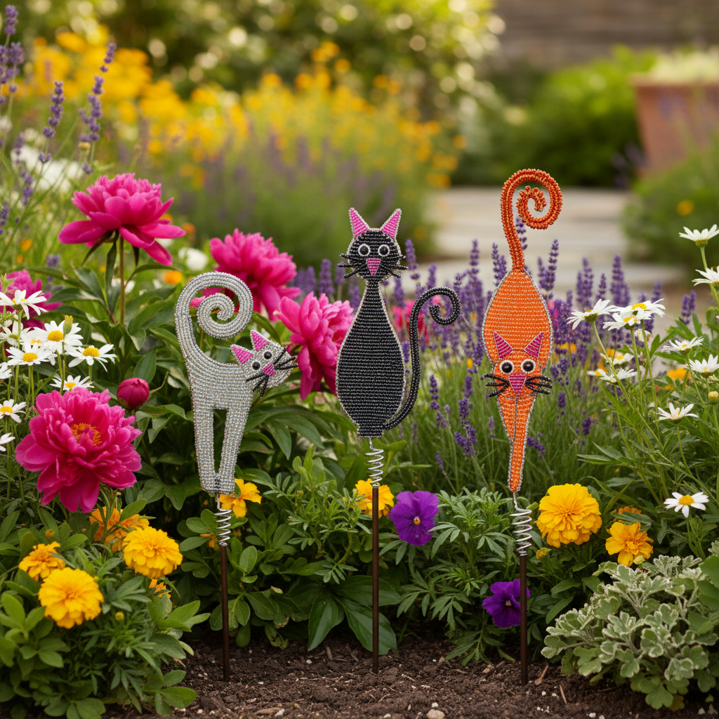 Beaded Cat Garden Stakes Set of 3 Displayed in Lush Garden with Blooming Flowers