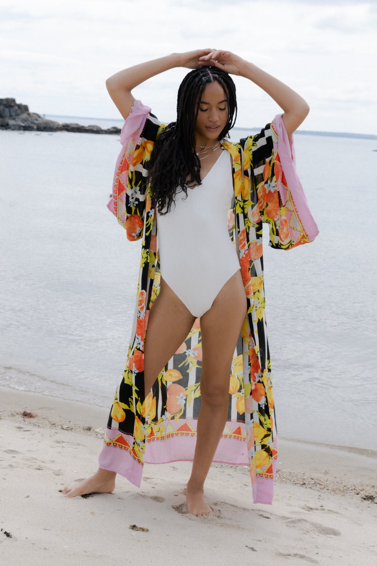 Citrus Print Kimono Long - Black
