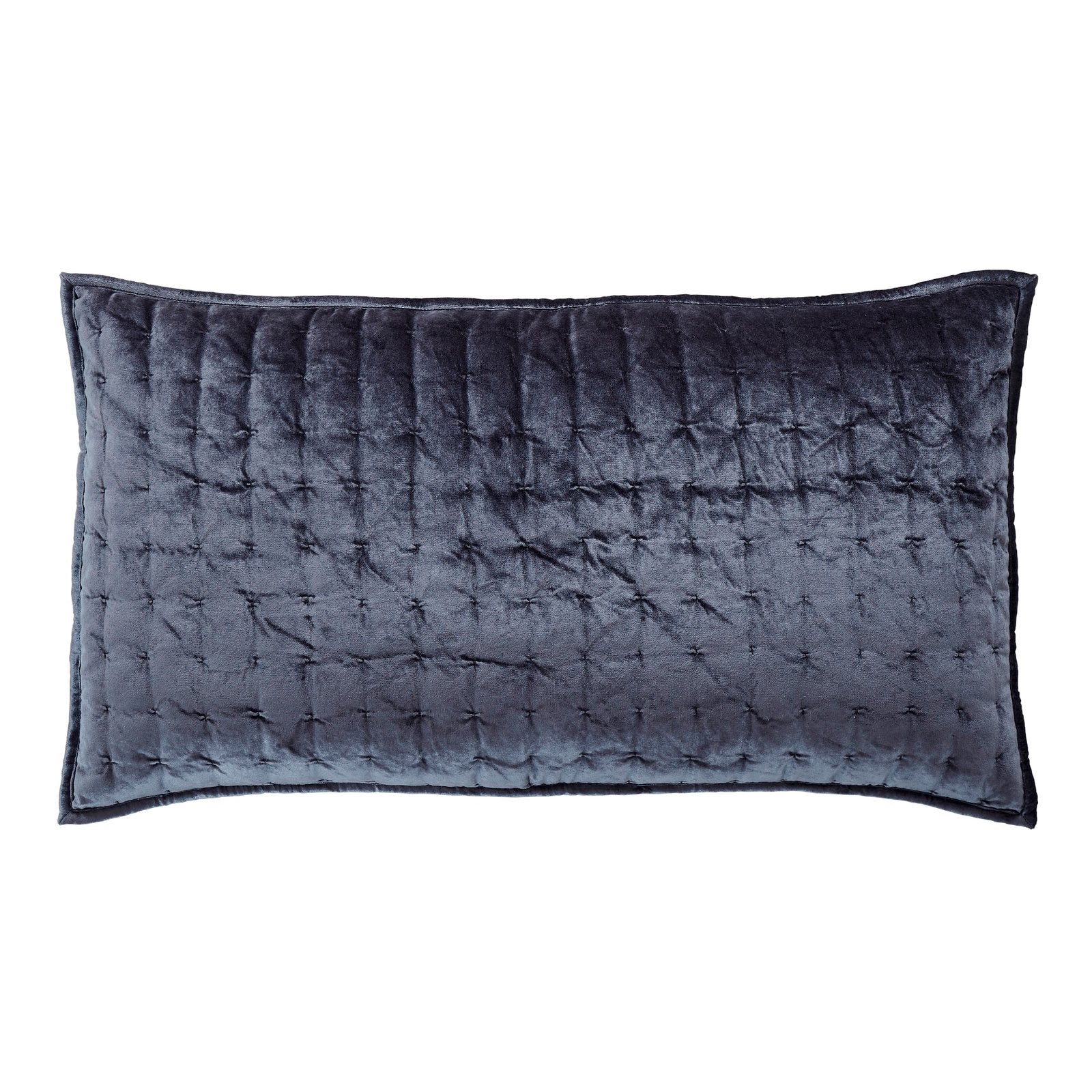 SS-313-2026-LOT1_1|Luxurious quilted velvet lumbar pillow in a deep charcoal gray. Soft texture and elegant stitching for sophisticated bedroom decor.