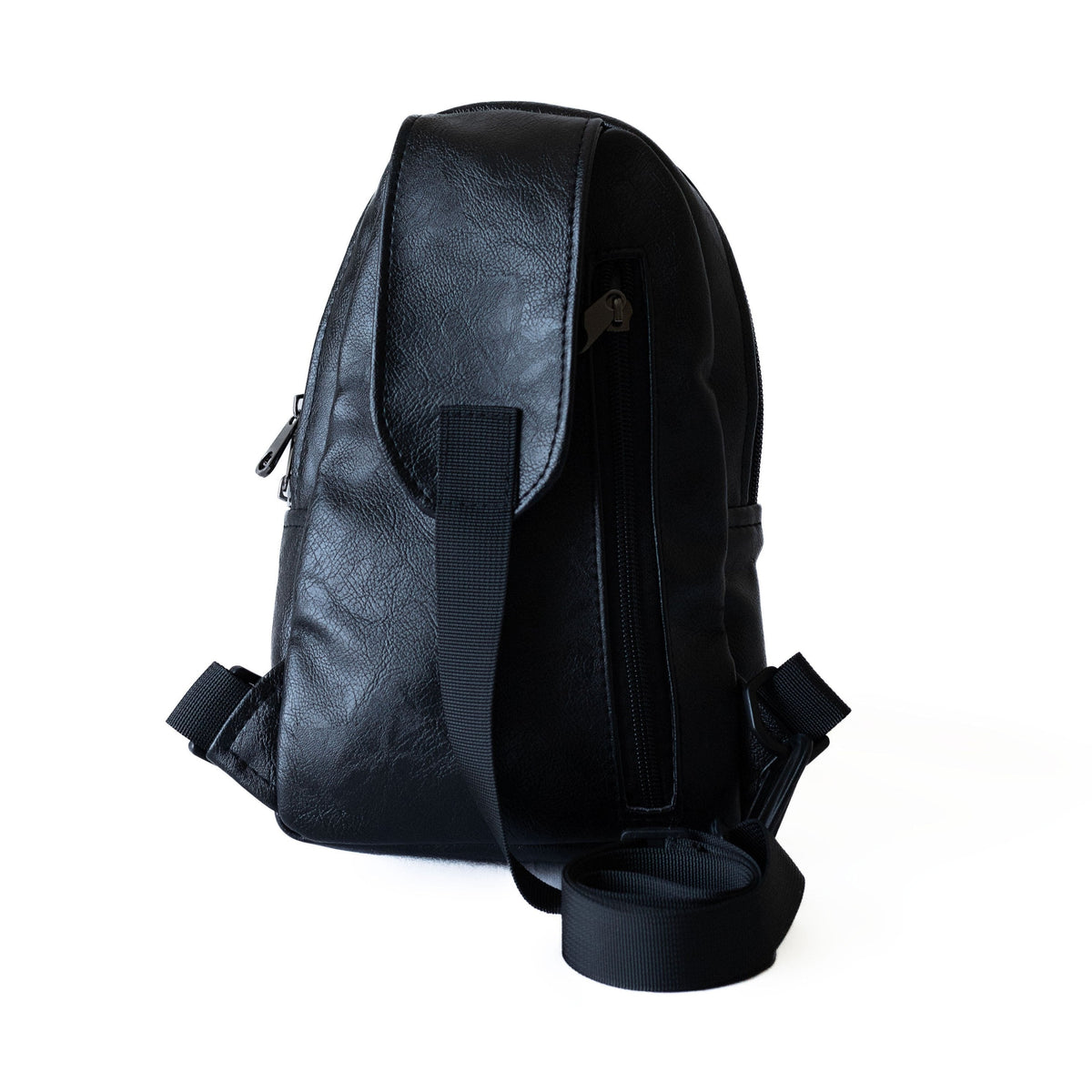 Buru black vegan leather women sling bag worn #color_black