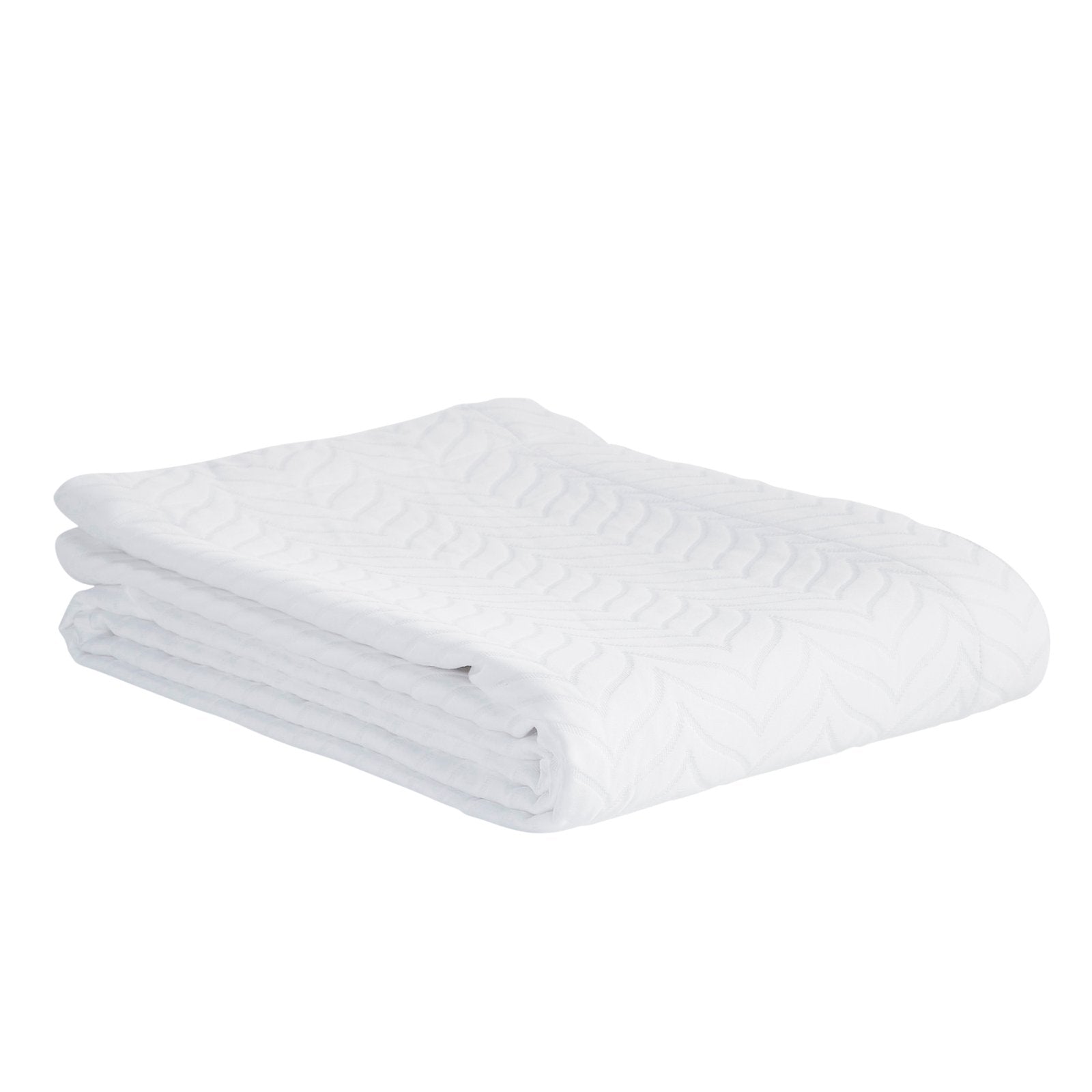 CL-194-9496_6|White quilted coverlet, folded, with subtle leaf pattern, plush textured bedding for modern bedroom decor, soft and elegant.