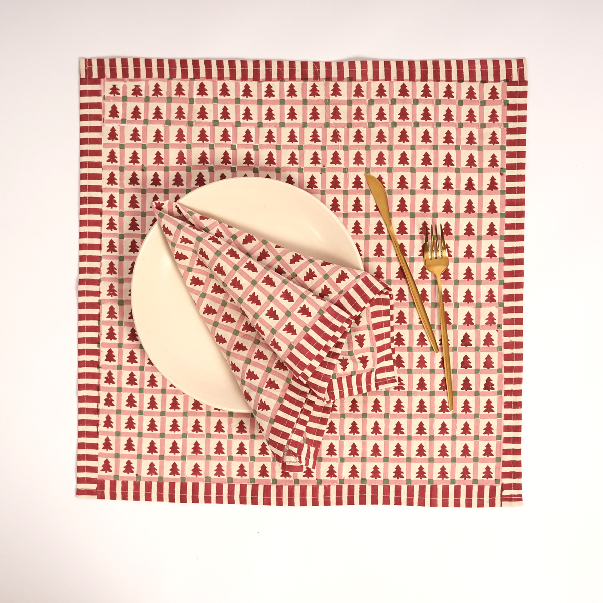 Merry Conifers - Hand Block-Printed Cotton Napkins Set of 4, Red