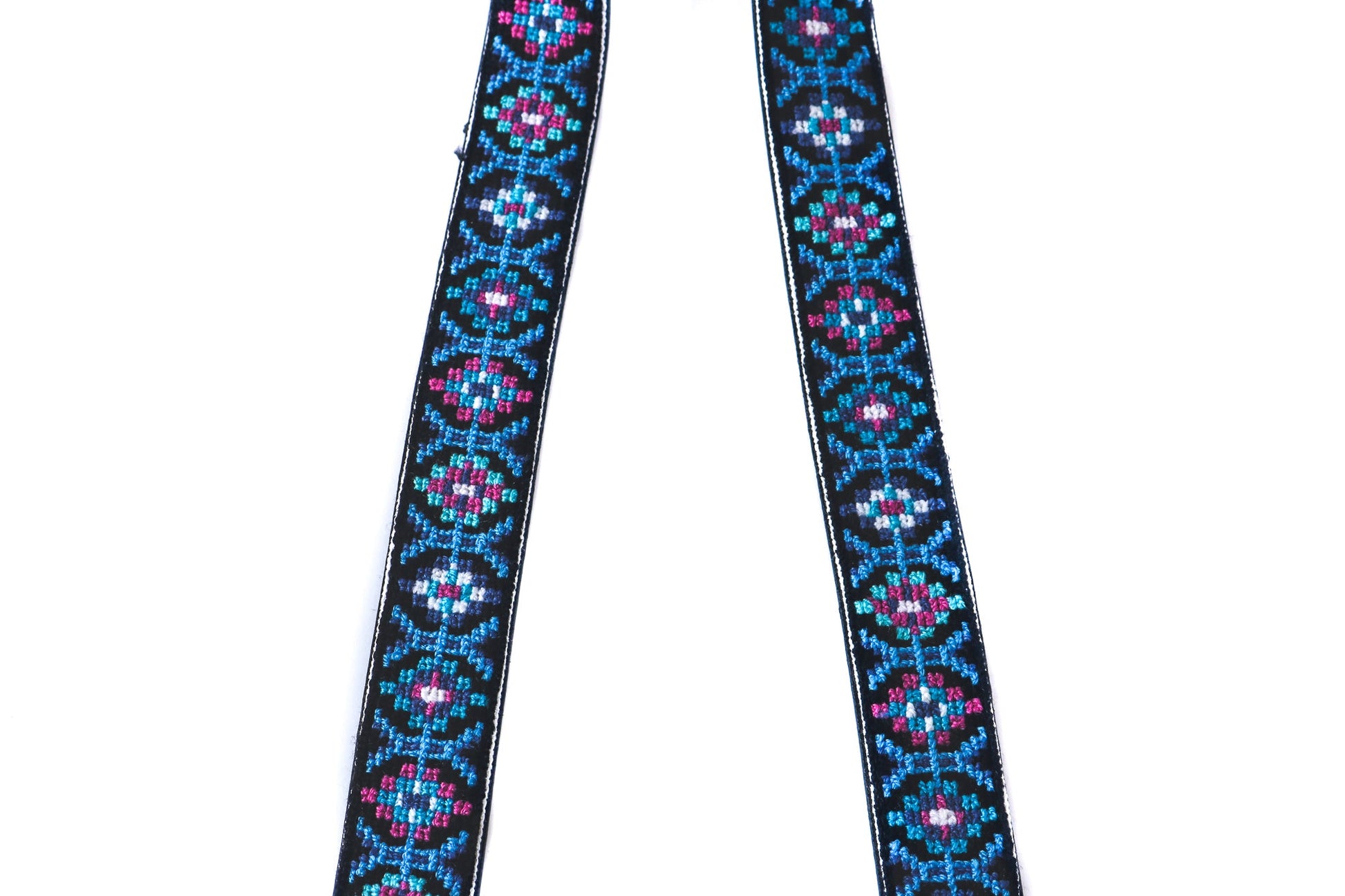 Mai Woven Bag Strap - Blue, pink, and turquoise with black leather crossbody woven hand embroidered cross stitch bag strap - Tin Marin Brand - Crossbody strap bag for women - handwoven bags and straps made by artisan communities