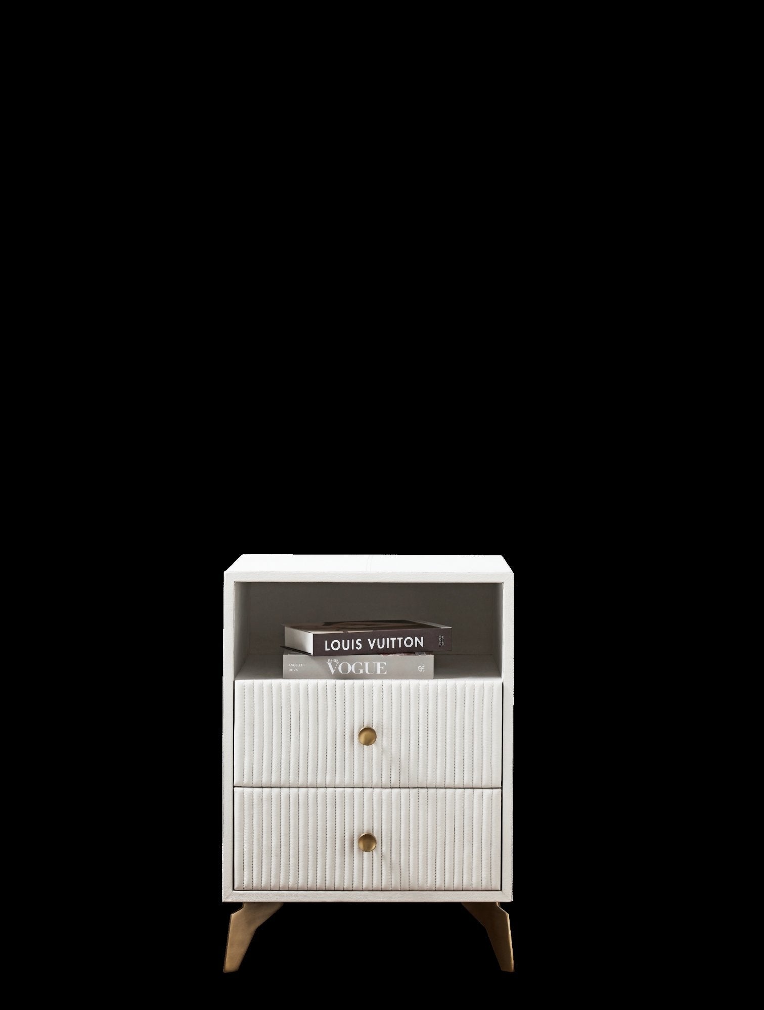 FN-5203-201828_1|Luxurious white leather nightstand featuring modern channel-tufted drawers and elegant gold-finished knob pulls. Ideal for bedroom.