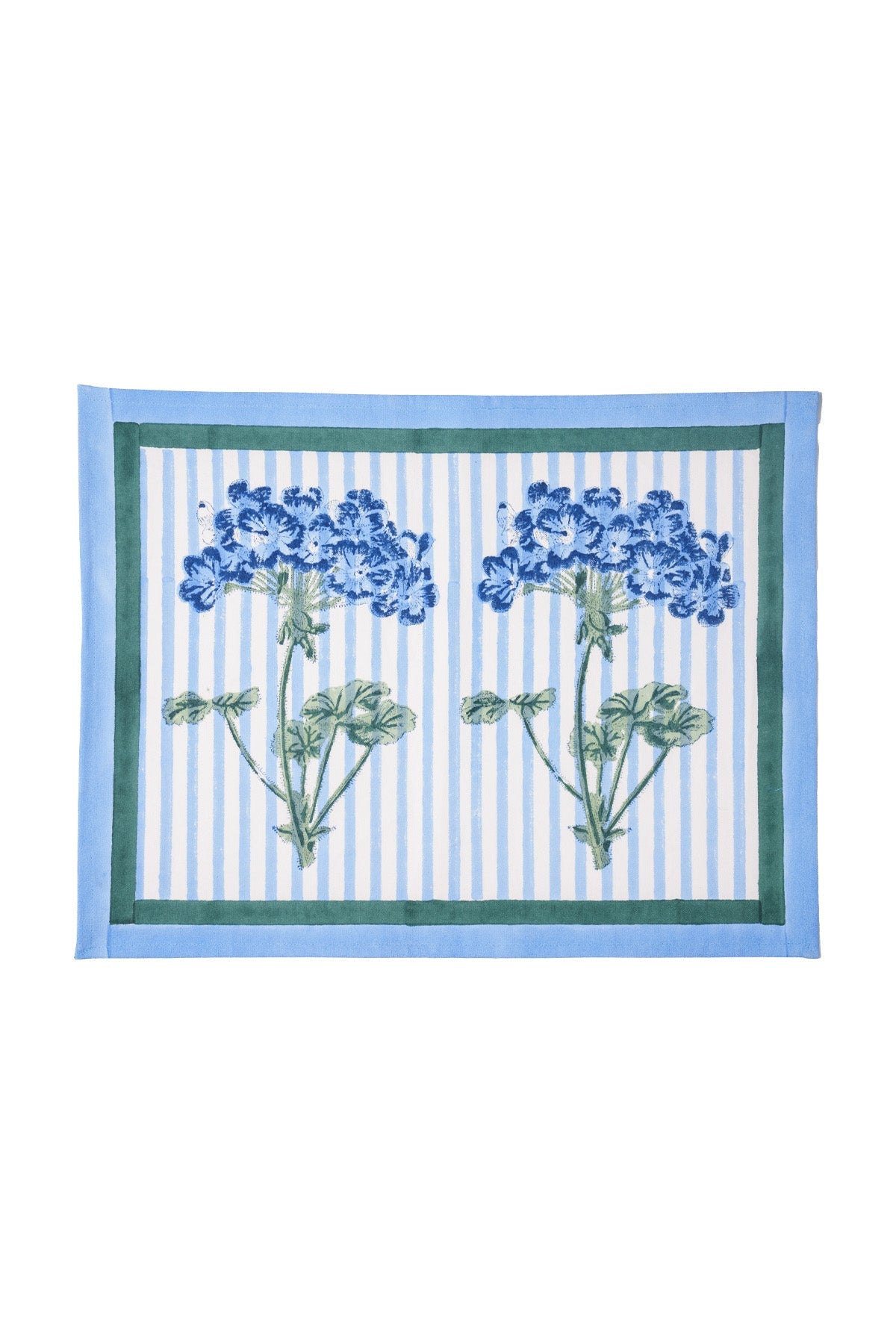 Blue hydrangea blockprint placemat with white/blue stripes