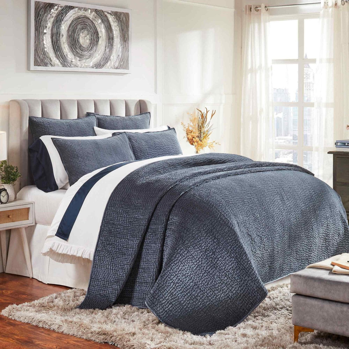 CL-184-9496_1|Luxurious dark gray textured coverlet gracing a contemporary bed, enhancing bedroom decor with rich color.