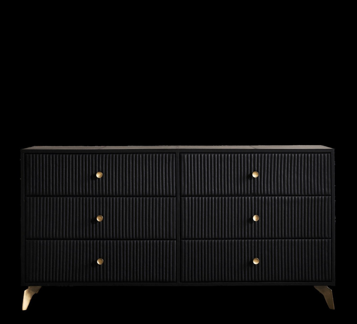 FN-5202-642033_1|Stylish black leather-clad dresser with unique channel-tufted drawers and chic gold hardware, perfect for luxurious bedrooms.