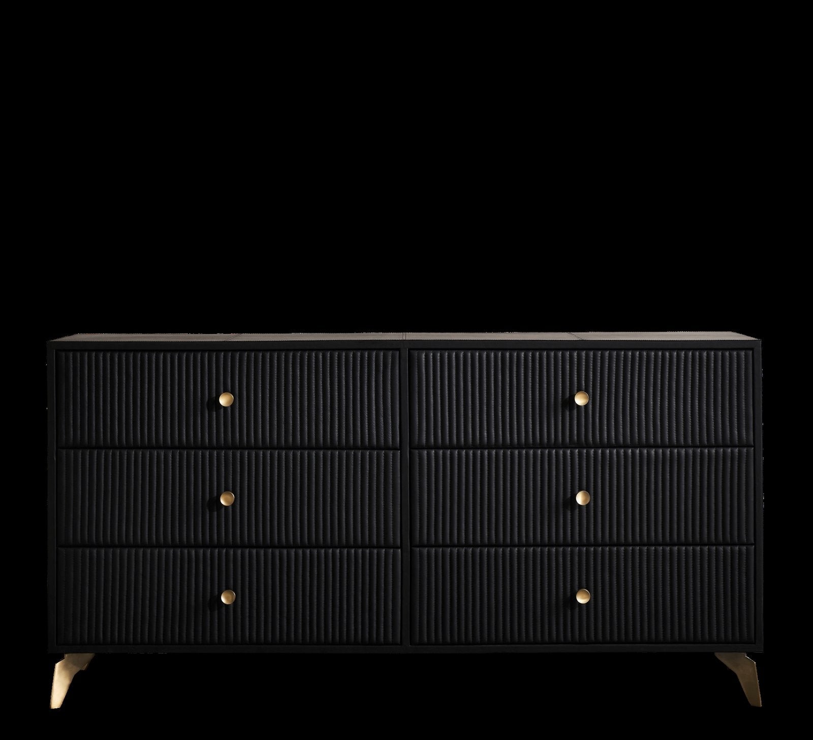 FN-5202-642033_1|Stylish black leather-clad dresser with unique channel-tufted drawers and chic gold hardware, perfect for luxurious bedrooms.