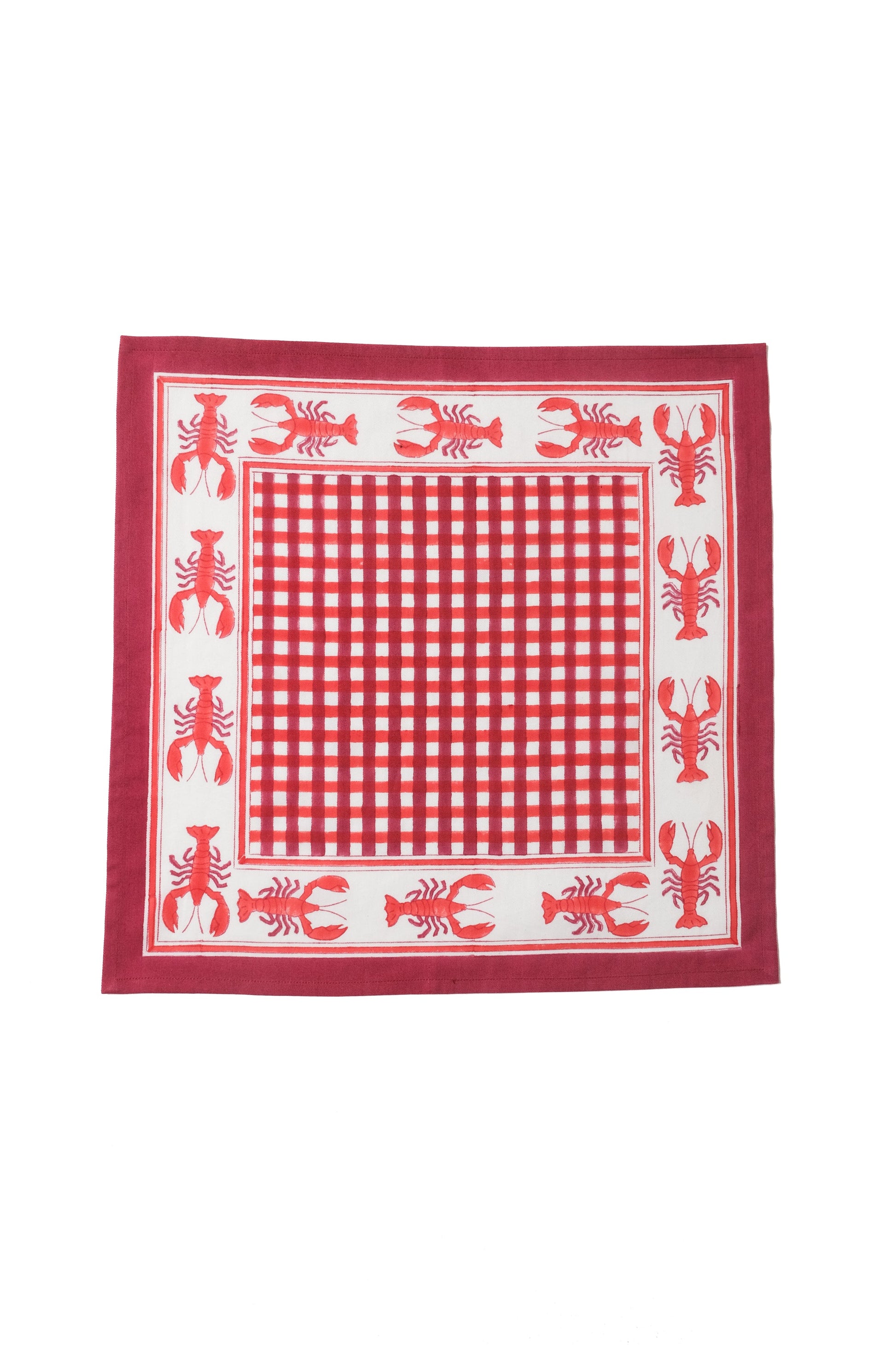 Lobster red gingham blockprint cocktail napkin from Inner Child
