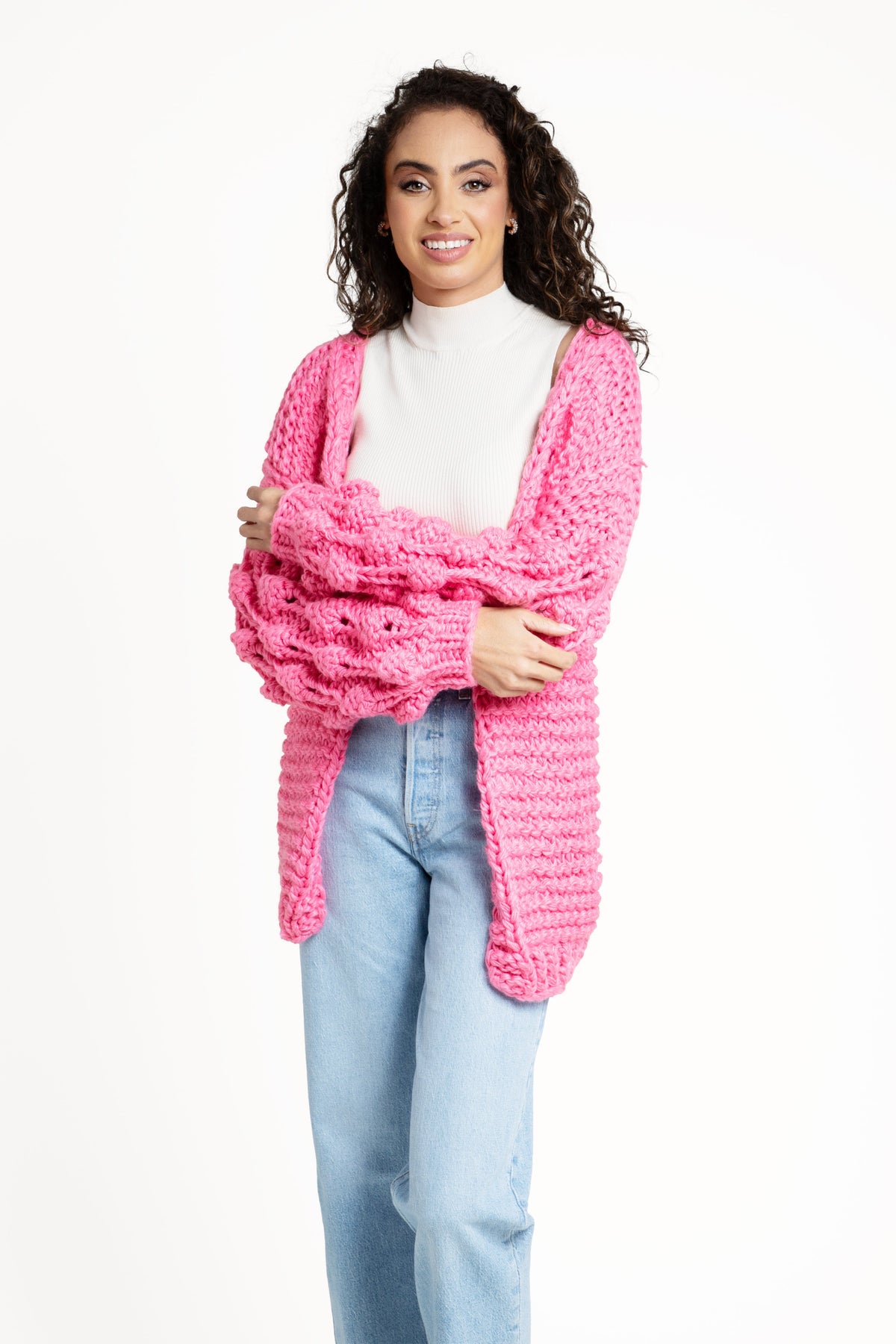 Knit Cardigan With Bauble Sleeves - Hot Pink