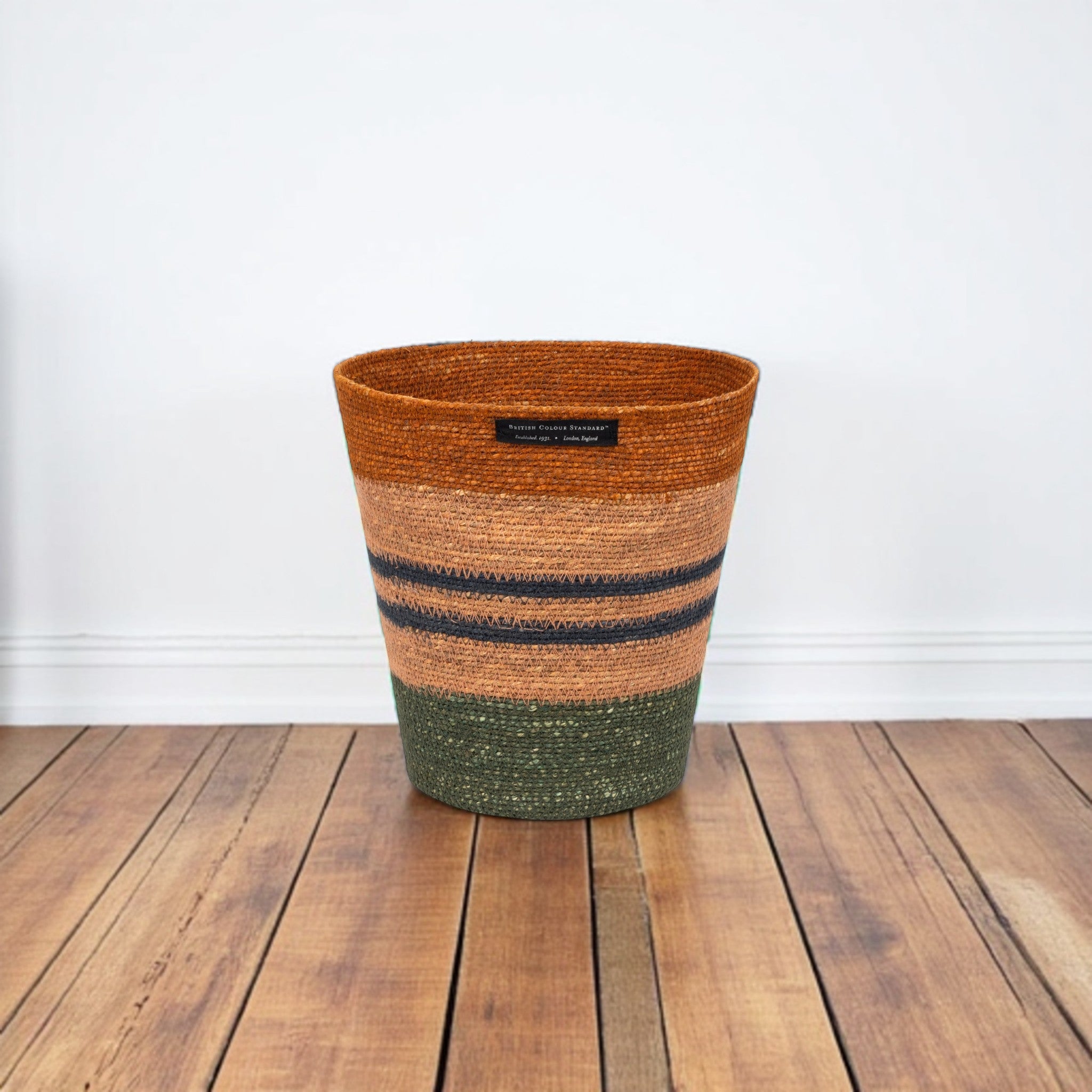 Striped Seagrass Waste Paper Basket in Olive / Old Rose