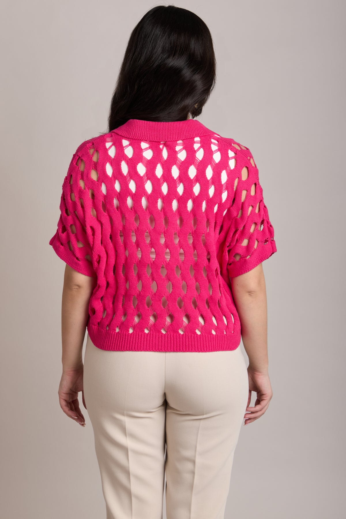 Knit Cut-Out Collared Shirt - Fuchsia