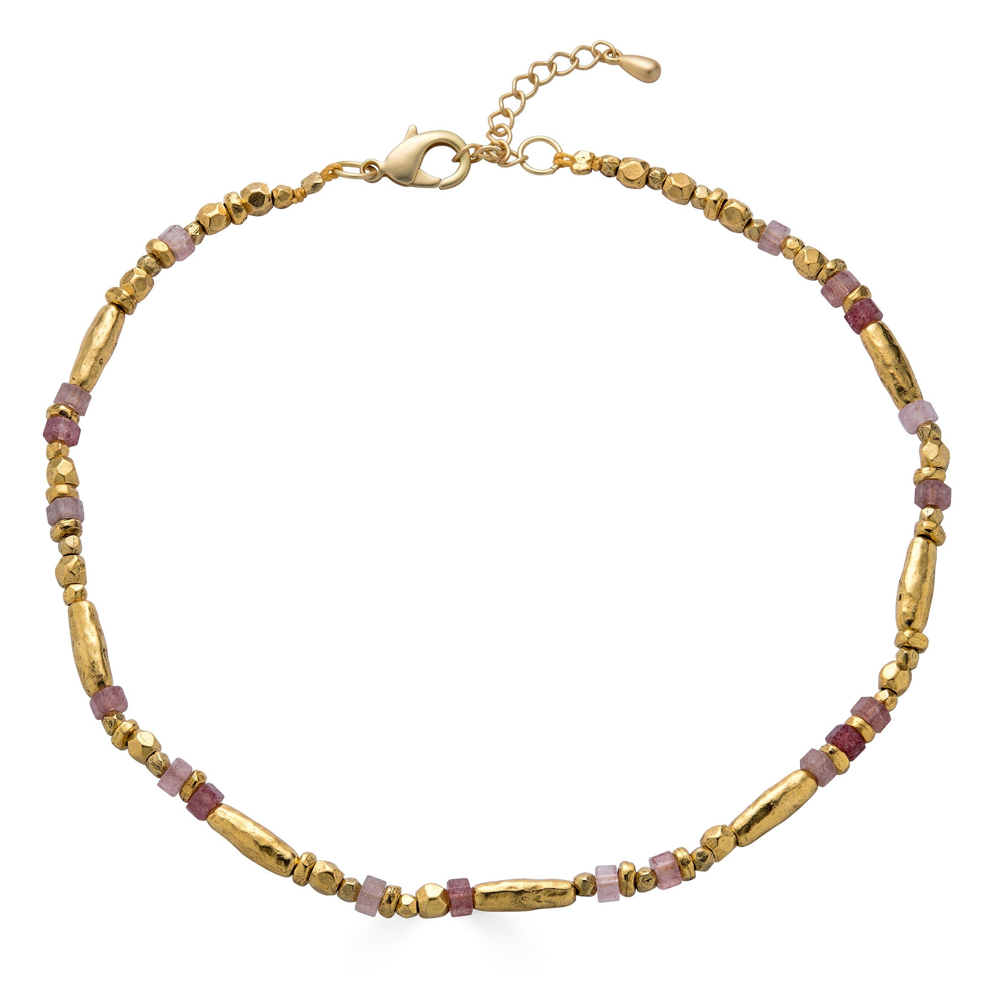 Necklace with pink strawberry quartz beads and organic gold-tone beads in an alternating organic pattern.
