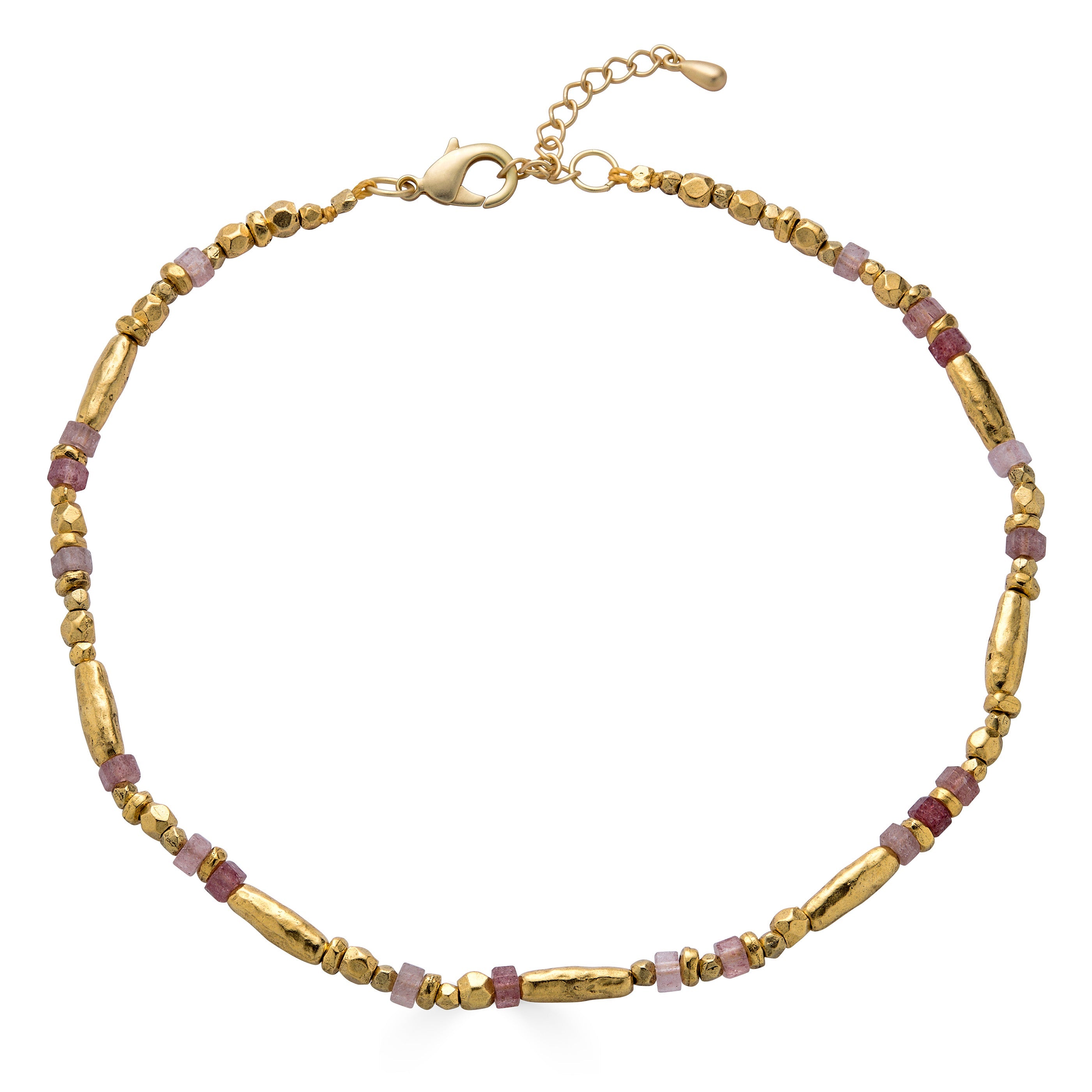 Necklace with pink strawberry quartz beads and organic gold-tone beads in an alternating organic pattern.