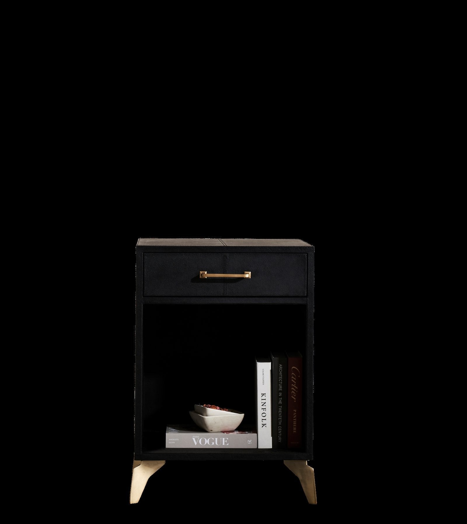 FN-5200-201828_4|Stylish black leather furniture nightstand with sleek design, brass hardware, and a single drawer, perfect for contemporary decor.