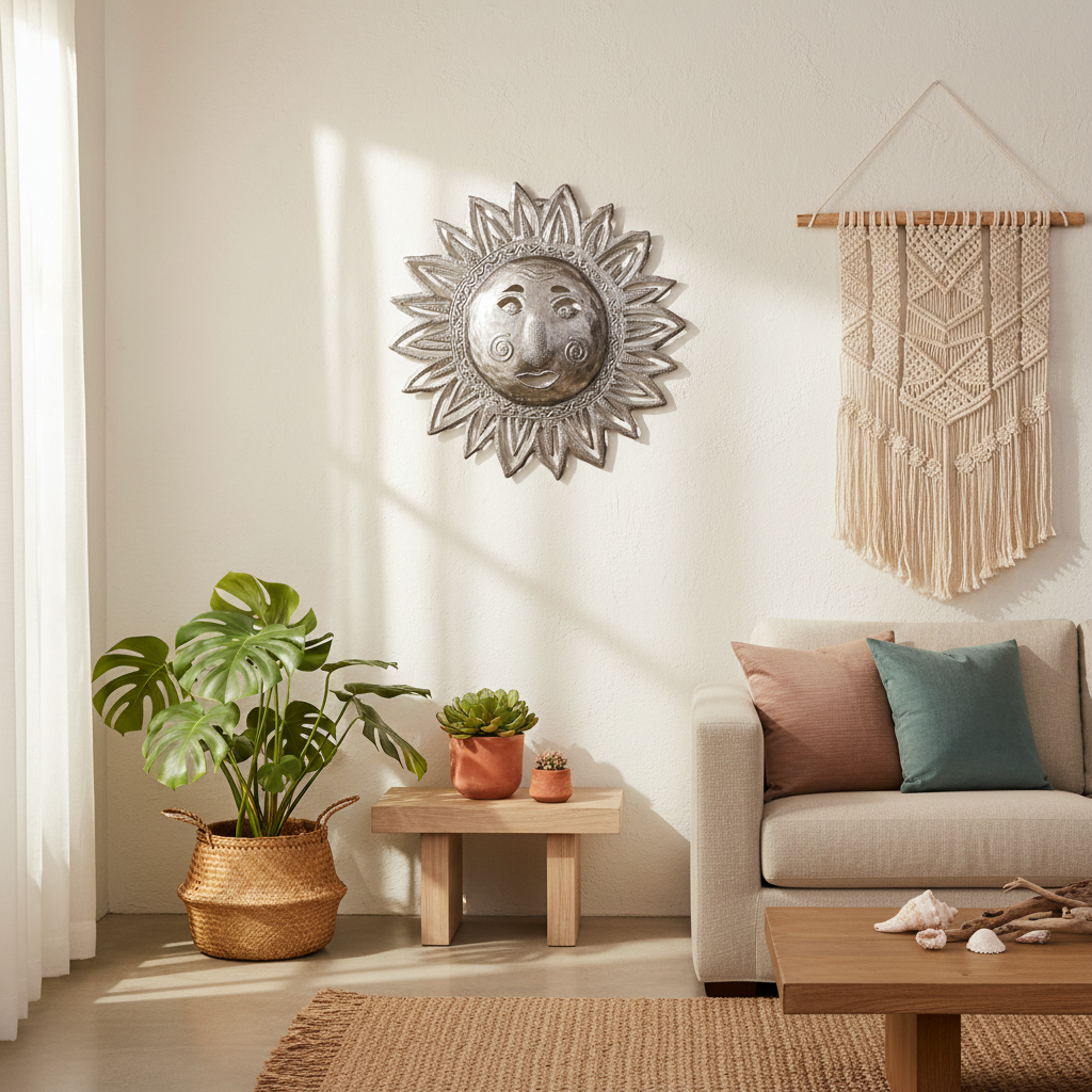 SM650 Sunshiny handcrafted Haitian steel sun art in bohemian living room decor