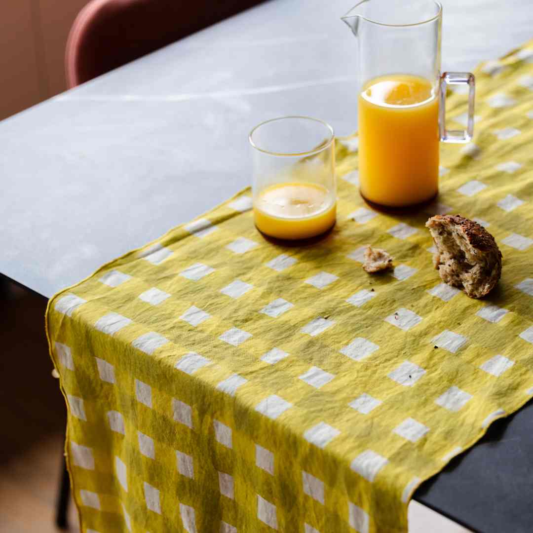 Yellow Cross-Hatch linen table runner 16x90 with painterly brushstroke cross-hatch pattern - Goldie Home