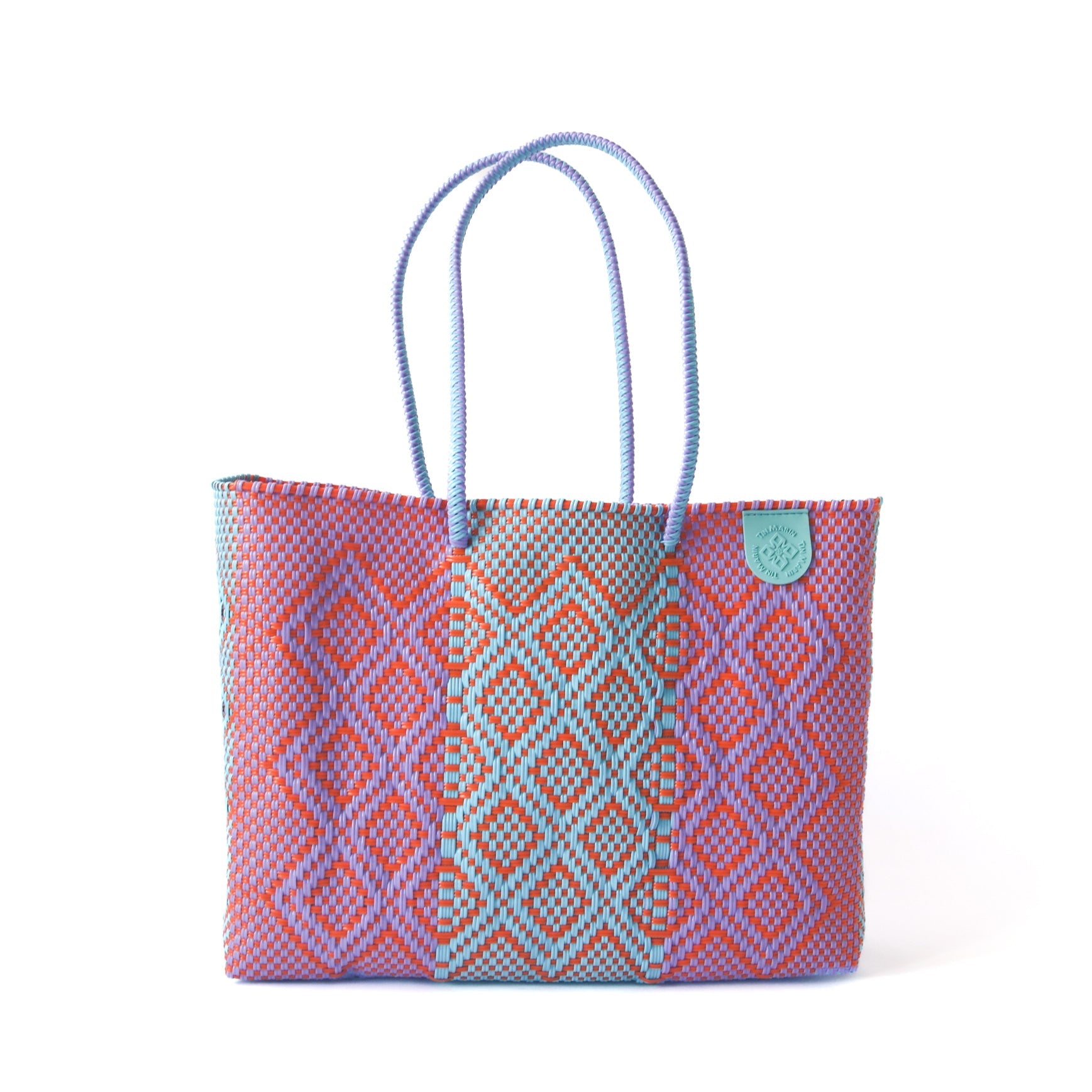 Tin Marin super tote in Sunset Design, A purple, blue and orange oversized tote bag with a shoulder strap.